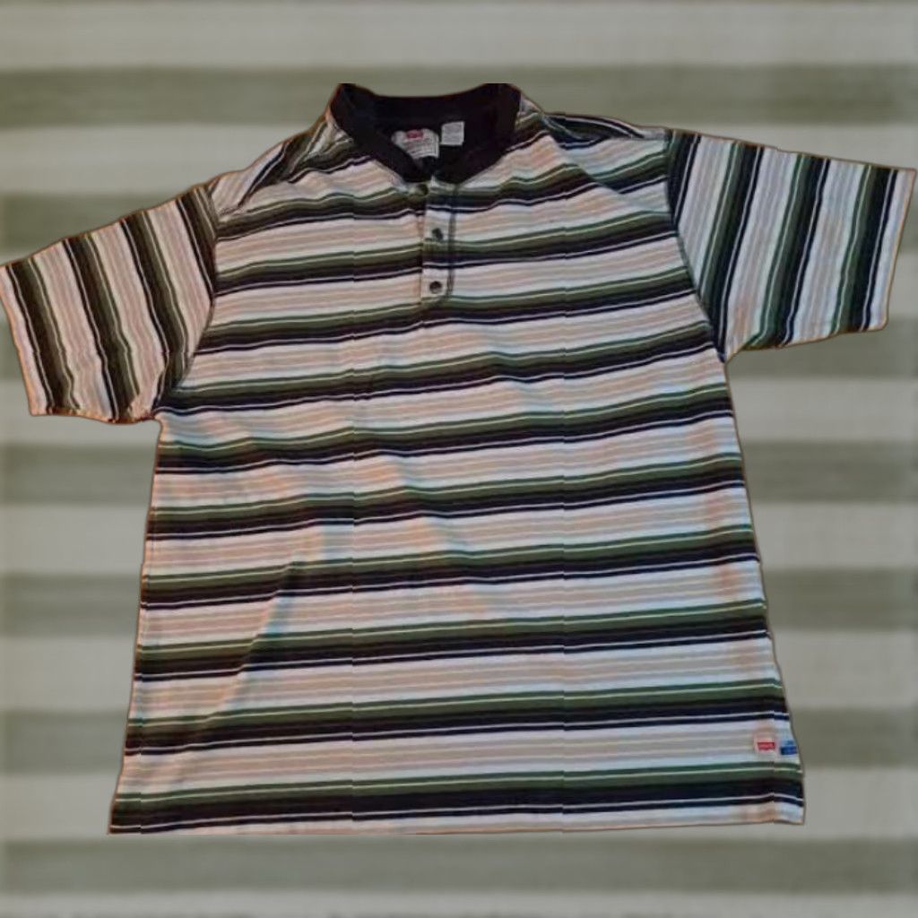Levi's VINTAGE Levi's Button-Up Shirt XL Striped USA Cotton Canvas Short Sleeve Green- Black- tan Unisex Adults 27in long 23in pit to pit X-Large Size US XL / EU 56 / 4 - 1 Thumbnail