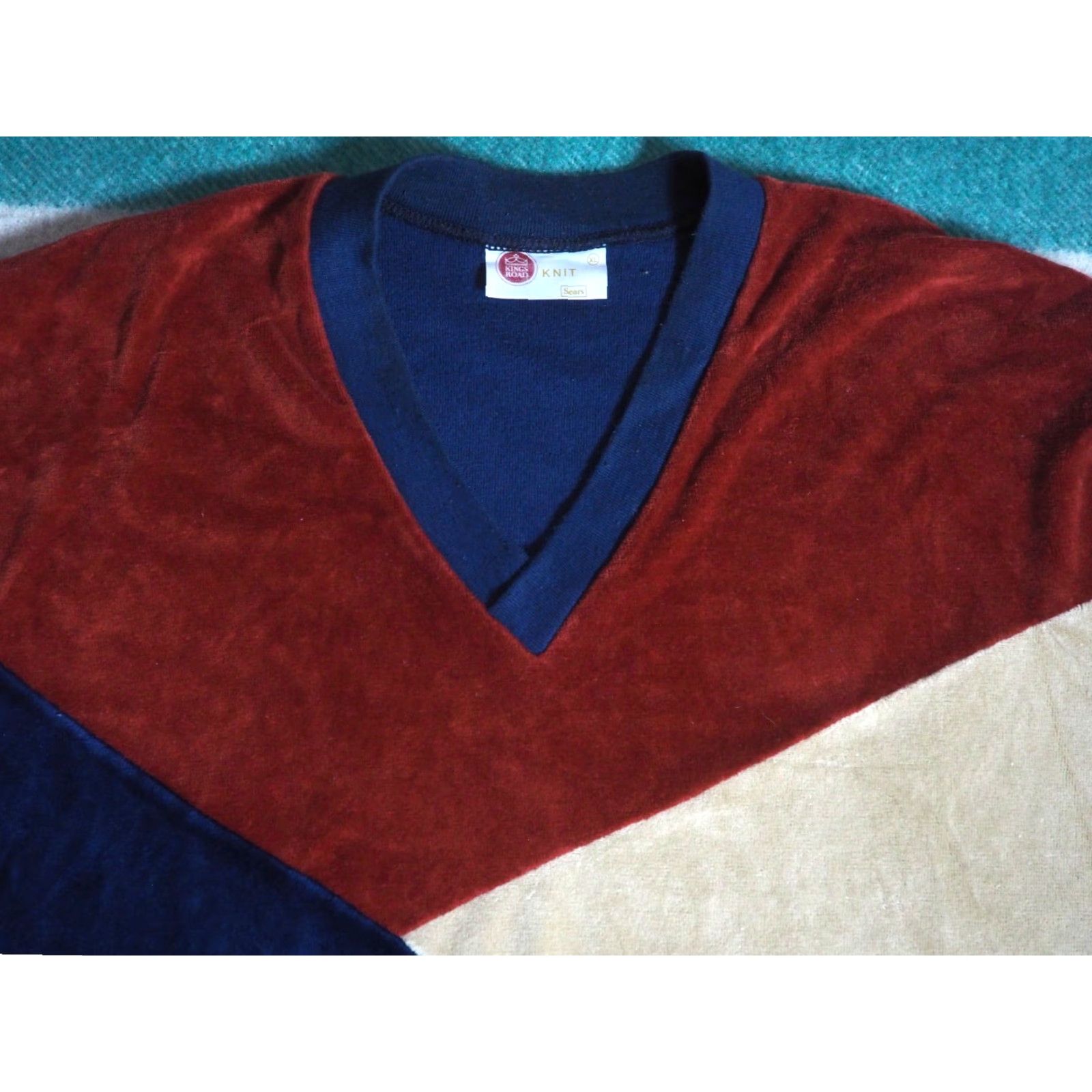 Sears VTG Sears Velvet Pullover Sweater - 70s Kings Road Blue Brown Velour V-Neck XL Mens Vintage Geometric Hippie Knit Christmas Casual Size US XL / EU 56 / 4 - 3 Thumbnail