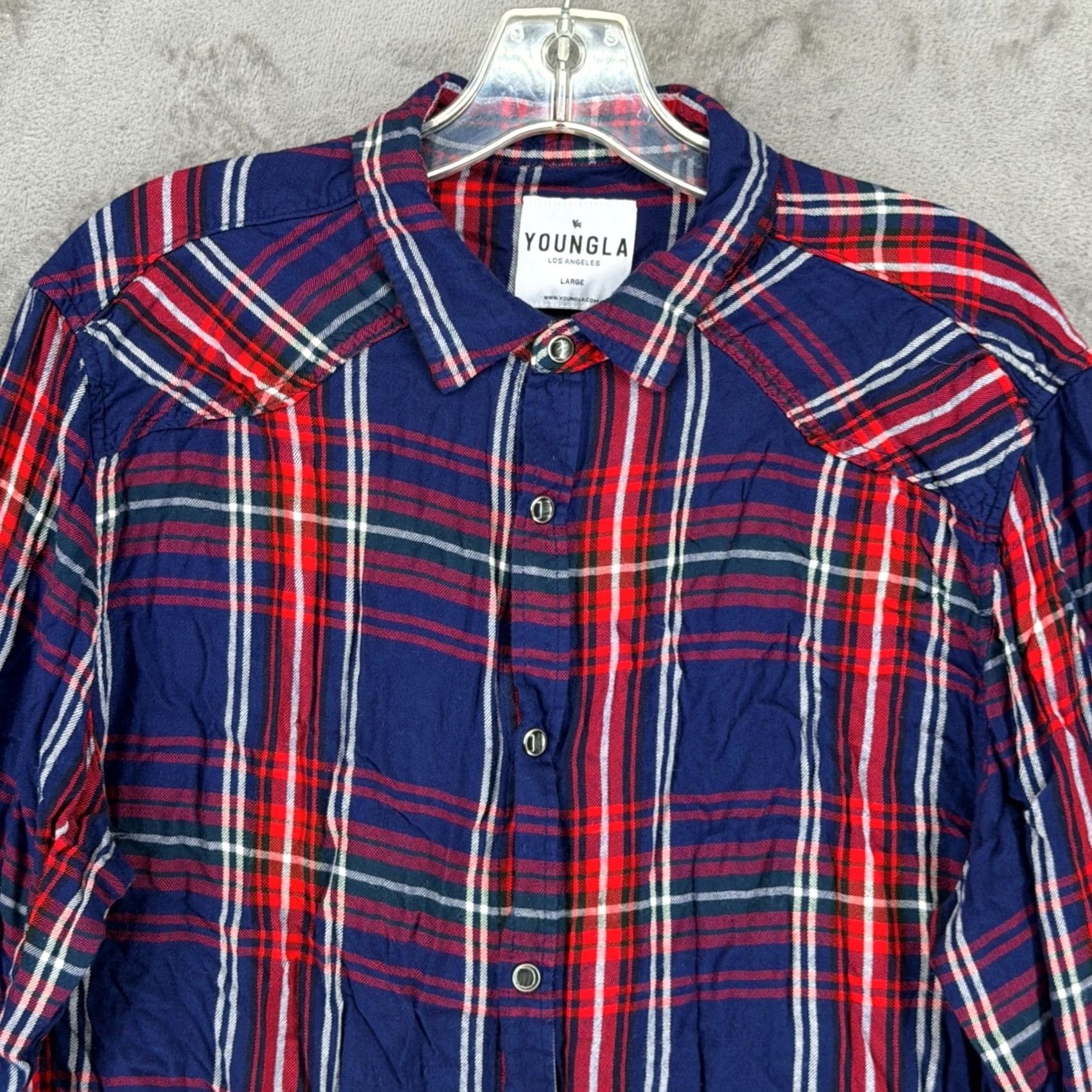 YoungLA YoungLA Button-Up Shirt Plaid Navy Red White L Mens Casual Western 806 Viscose Rayon Cotton? Size US L / EU 52-54 / 3 - 2 Thumbnail