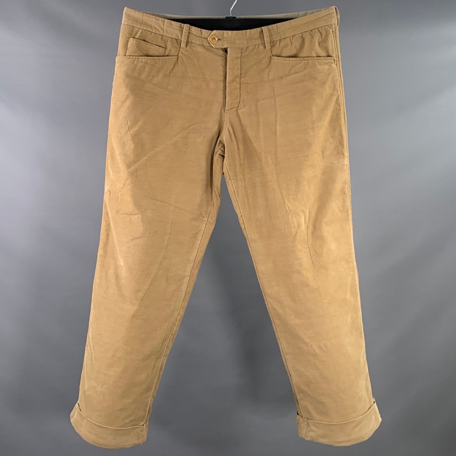 Beige Corduroy Cotton Tapered Cuffed Button Fly Casual Pants
