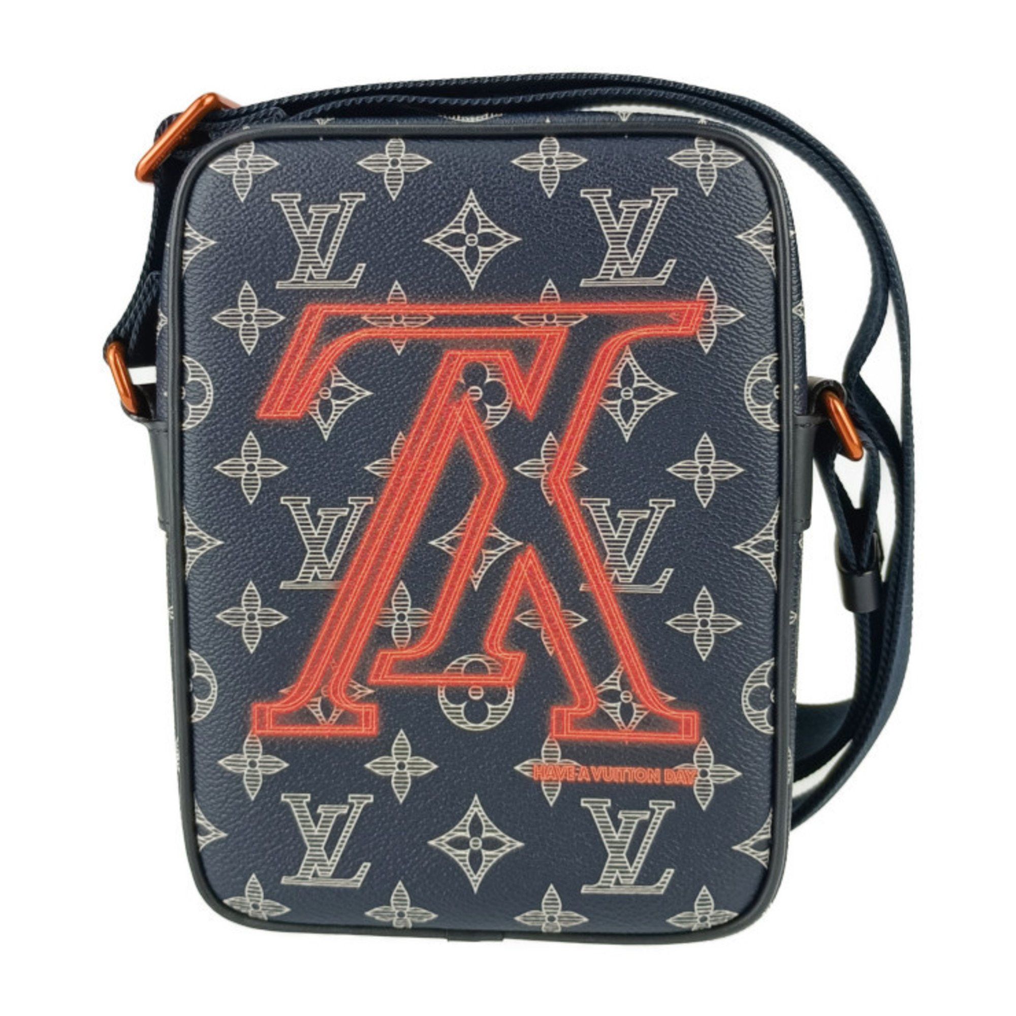 Louis Vuitton Shoulder Bag Danube Pm Upside Down M43678 Navy Monogram Ink Canvas Leather Men's Pochette