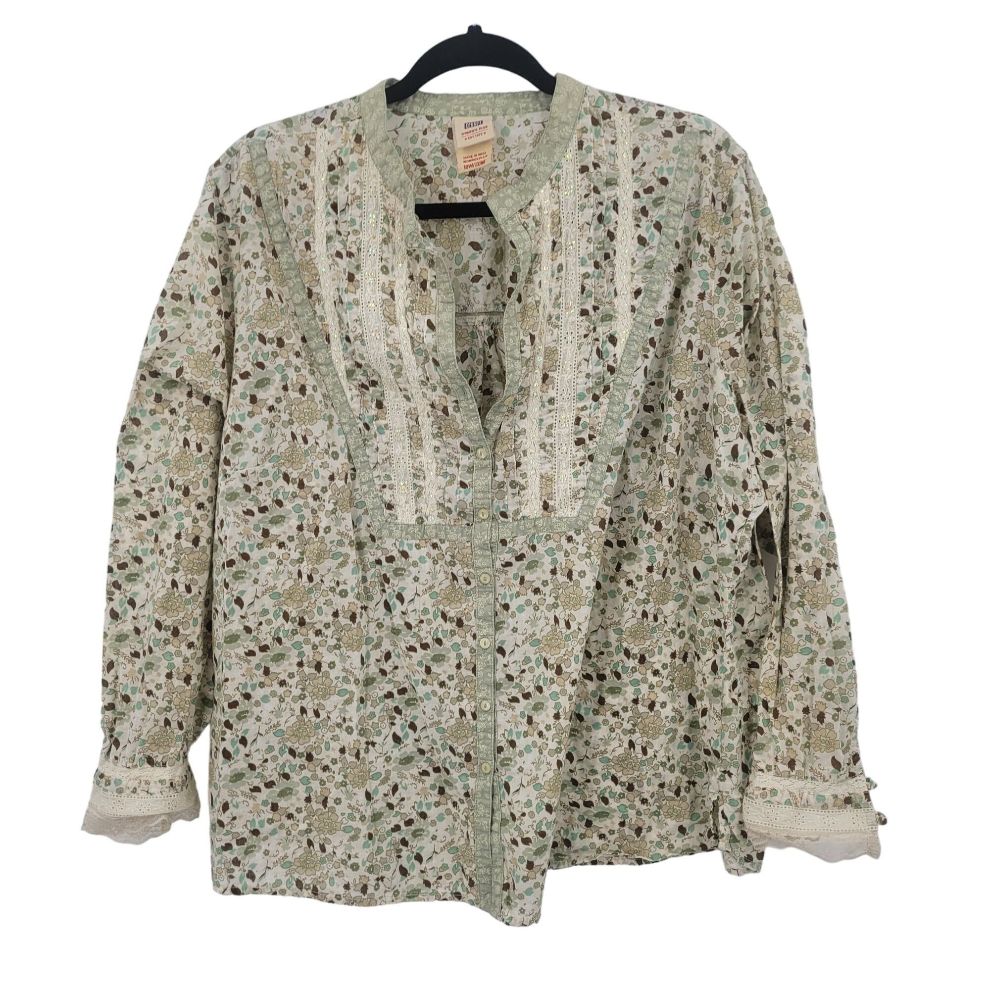 Faded Glory Vintage Ditsy Floral Blouse 18W/20W Green Lace Bib Button Size 3XL / US 20-22 - 12 Thumbnail
