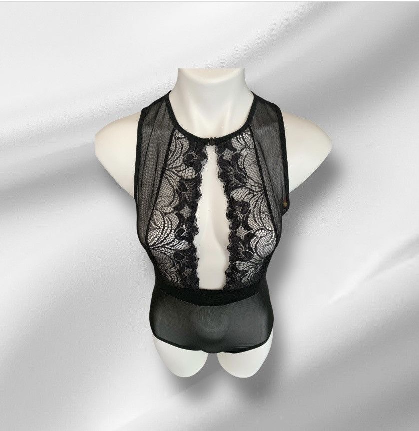 Designer NWT Black Mesh One Piece Bodysuit Lingerie Embroidered Lace Size M / US 6-8 / IT 42-44 - 2 Thumbnail