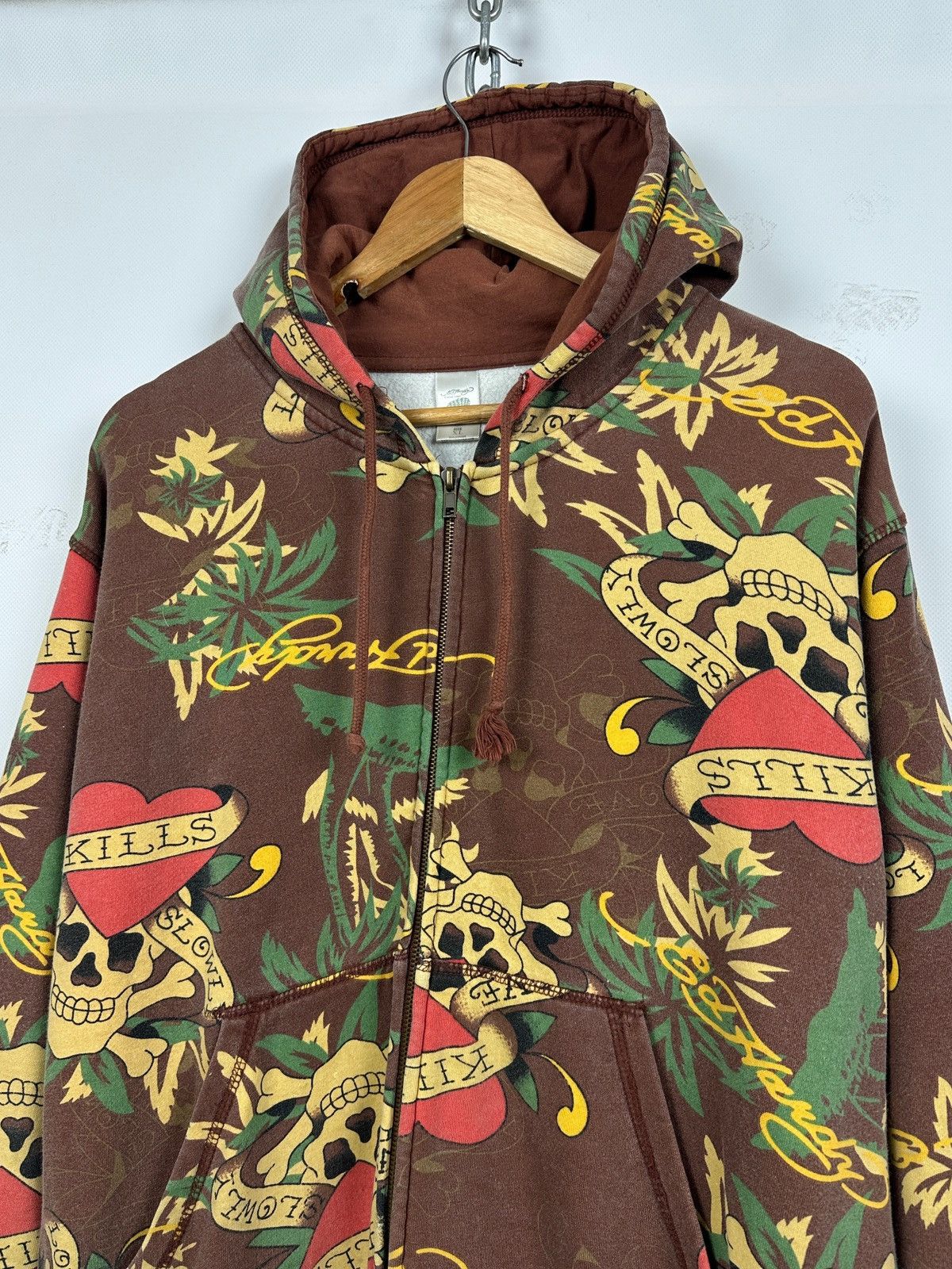 Ed Hardy Vintage Ed Hardy Skull Heart Tattoo AOP Brown Zip Up Hoodie Size US XL / EU 56 / 4 - 5 Thumbnail