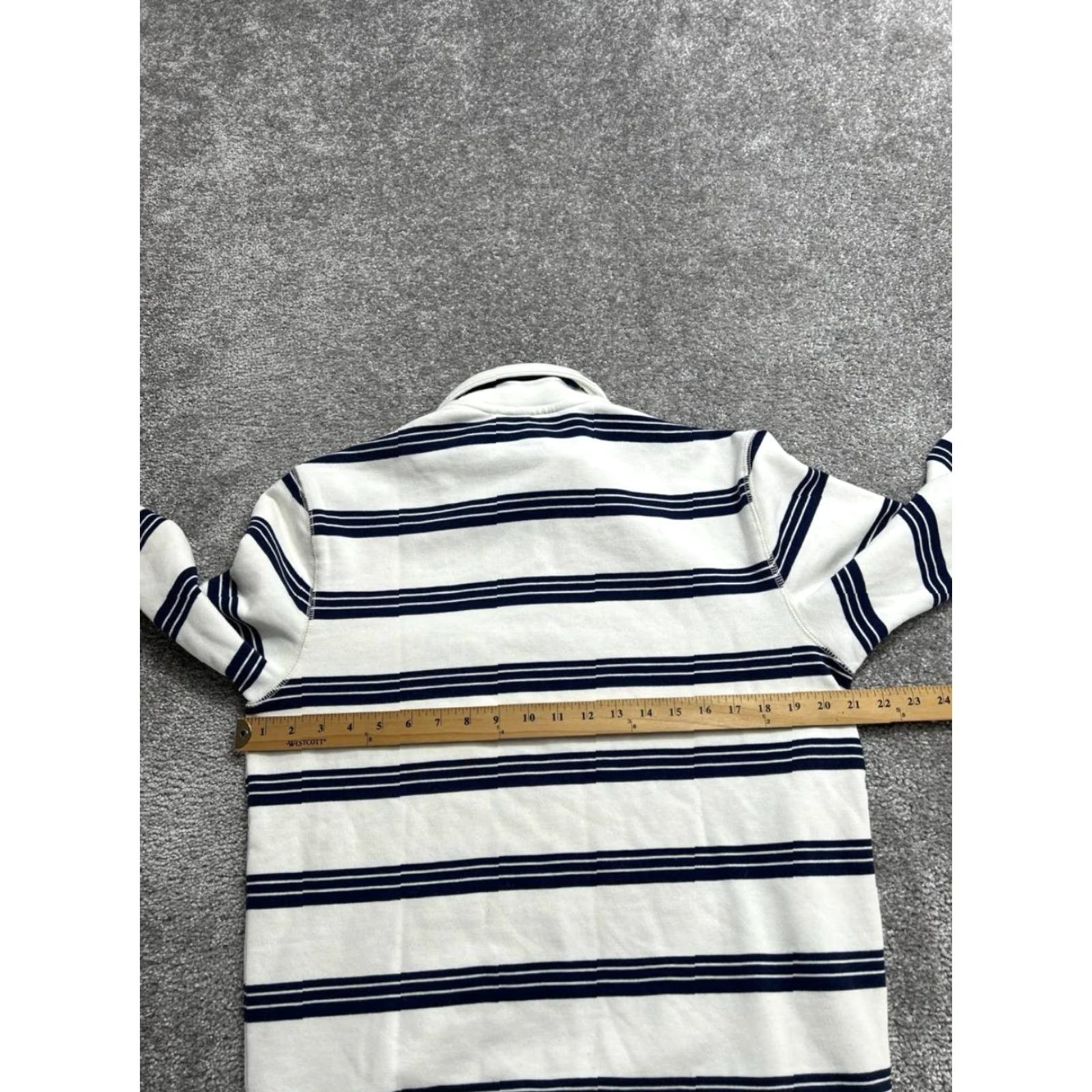 Lands' End Lands' End Rugby Shirt Mens Small Beige Blue Stripes Cotton Ribbed Hem Collared Shirt Polo Casual Knit Breathable Easy Care Zip Size US S / EU 44-46 / 1 - 5 Thumbnail