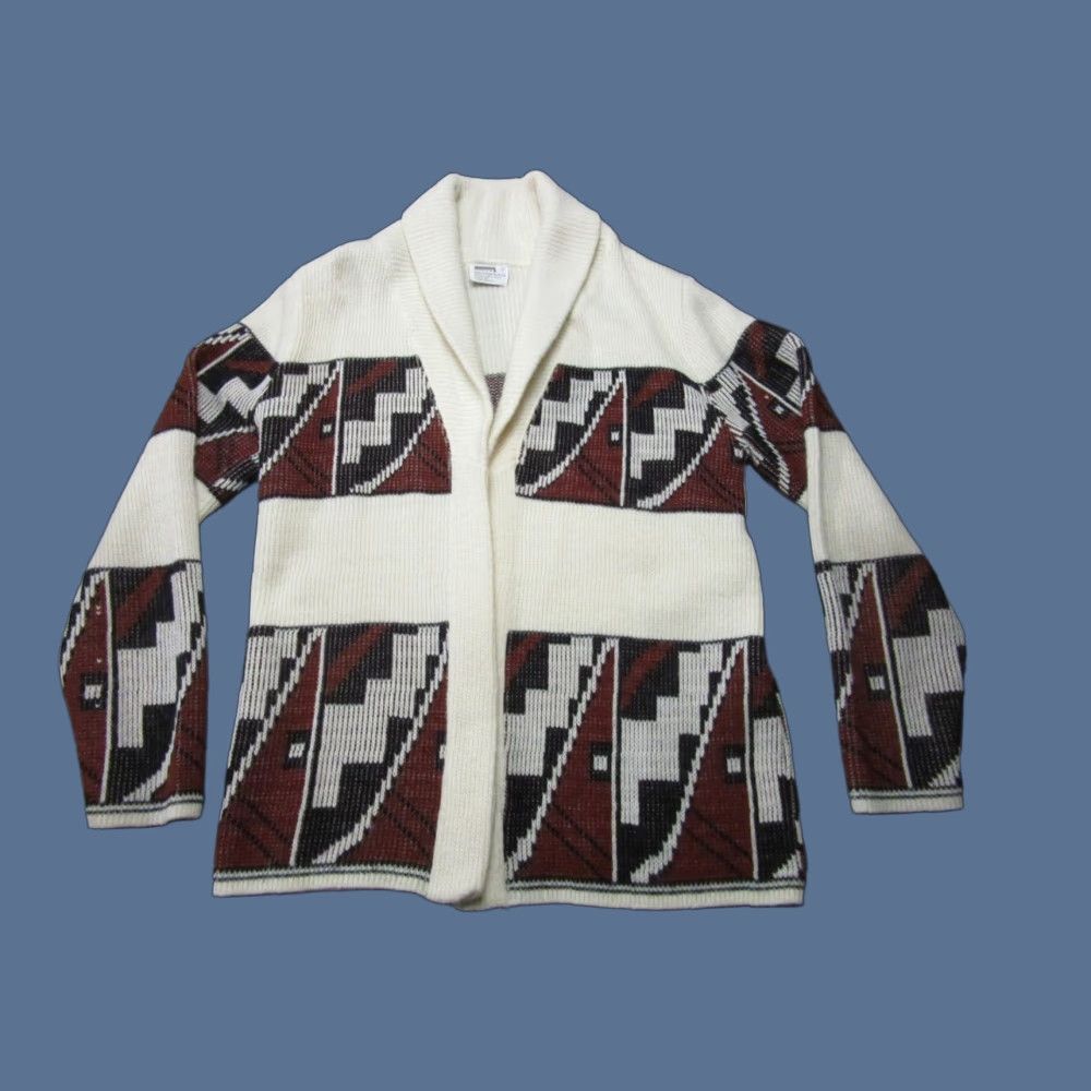 VINTAGE Montgomery Ward Cardigan Sweater Mens Medium Aztec Print White Ivory 80s 90s Sit Cardigan Shawl Collar Casual Knitwear