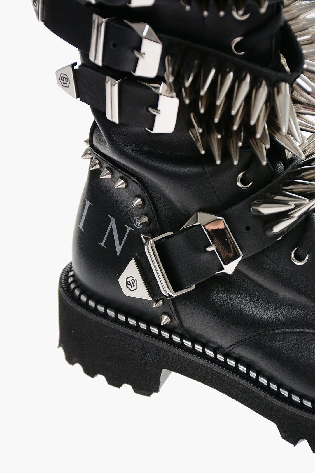 Philipp Plein og1mm0824 Leather Lace-Up Boots With All-Over Studs in Black Size US 7 / IT 37 - 3 Thumbnail