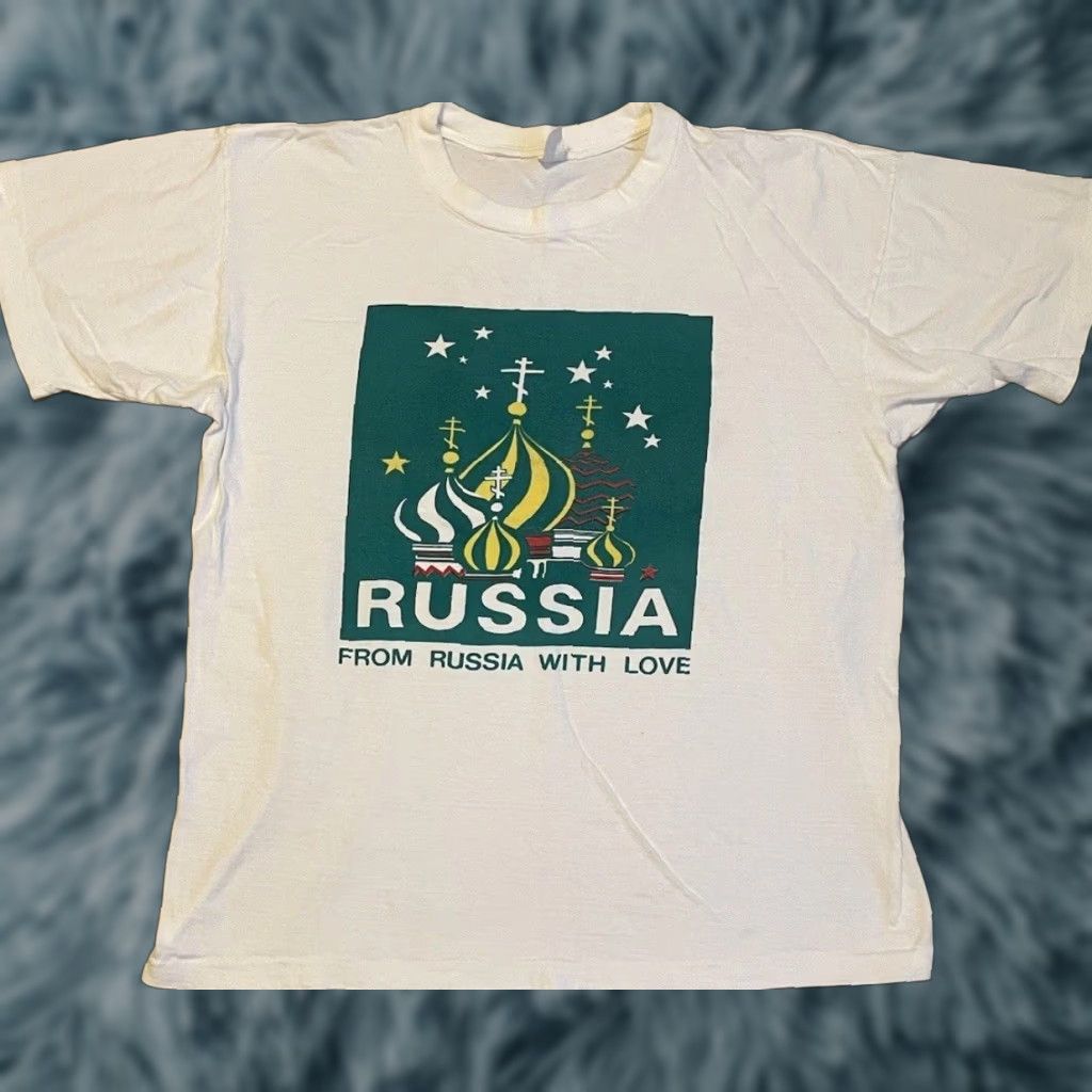 Vintage VINTAGE From Russia With Love Faded Shirt L Moscow College Flag Art Grunge 80s 90s Shirt Mens White Single Stitch Graphic Tee Cap. Size US L / EU 52-54 / 3 - 1 Thumbnail