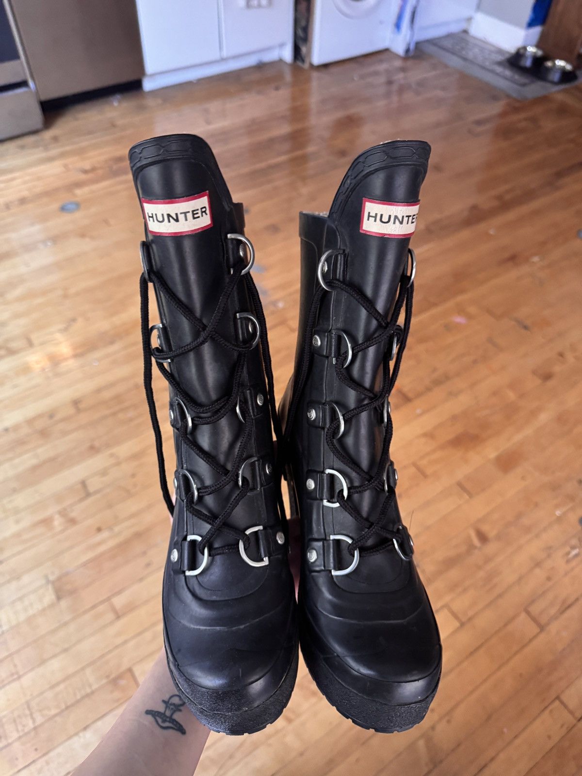 Hunter Hunter Black Leather Heeled Rainboots Size US 7 / IT 37 - 1 Thumbnail