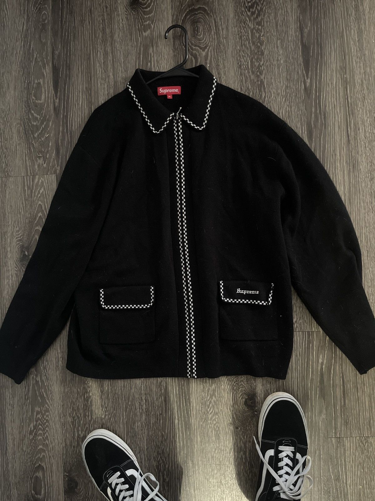 image of Supreme Checkerboard Zip Up Cardigan in Black, Men's (Size XL)