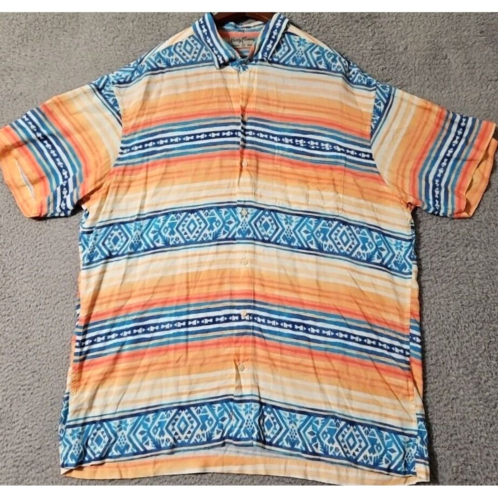 Vintage Kenny Flowers Men's Hawaiian Shirt Striped Aztec Short Sleeve Rayon Size XL Size US XL / EU 56 / 4 - 2 Thumbnail