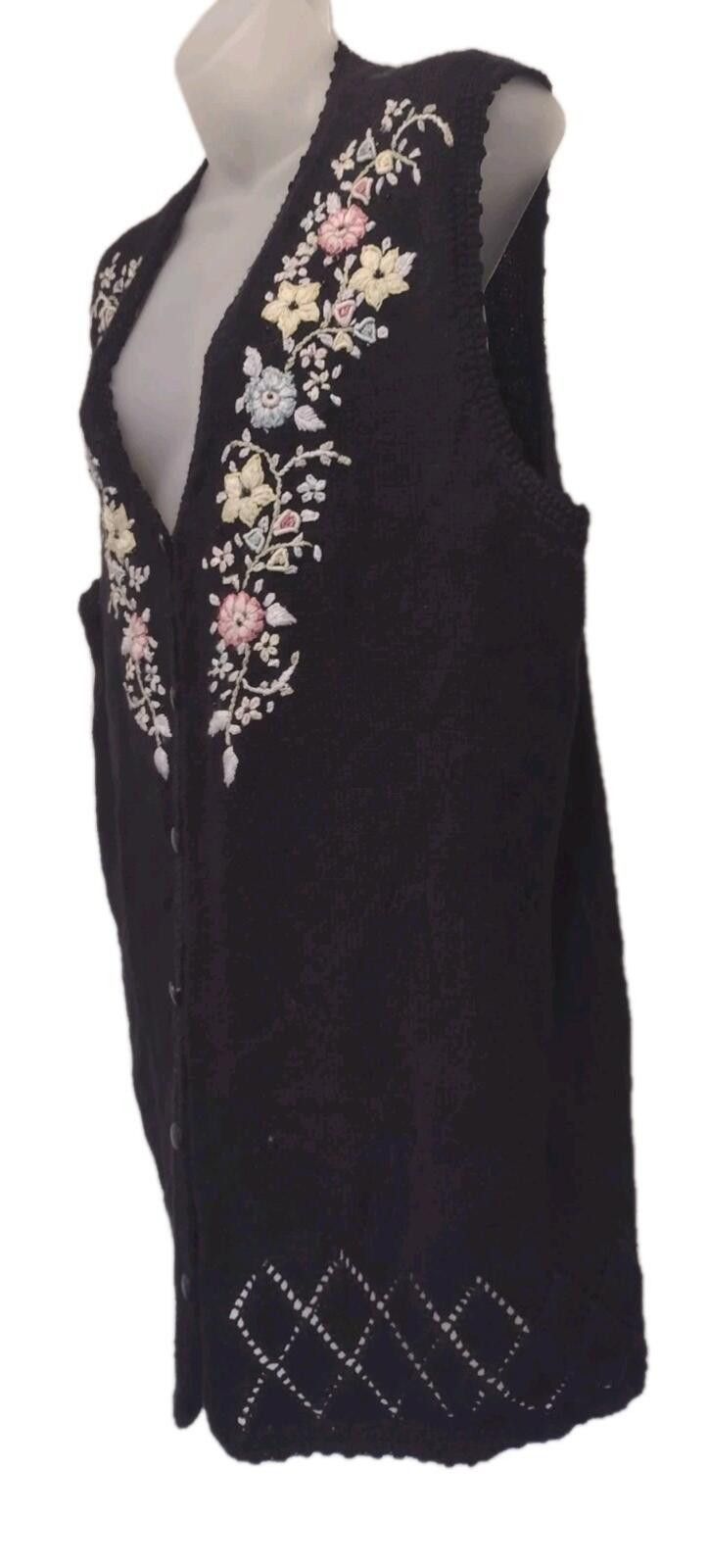 TWNTY-TWO VTG 90s XL Ramie Cotton Floral Embroidered Knit Vest Black Size XL / US 12-14 / IT 48-50 - 2 Thumbnail