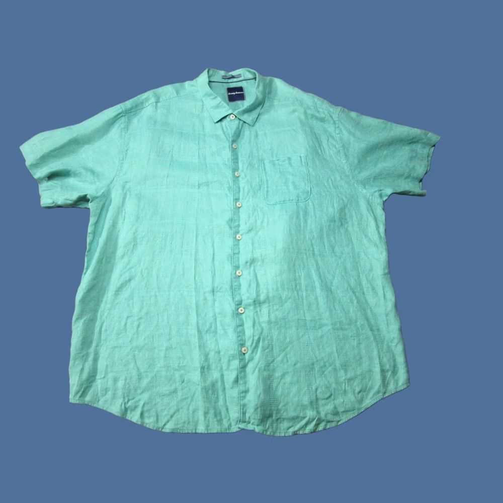 Tommy Bahama VINTAGE Tommy Bahama Shirt Mens 3XL Turquoise Green Linen Short Sleeve Button-Up Beach Tropical Summer 62" Chest Pockets Mens Size US XXL / EU 58 / 5 - 1 Thumbnail