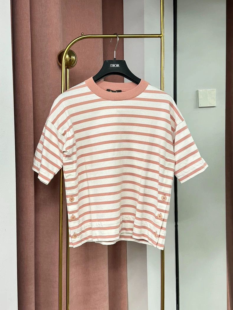 Loro Piana LORO PIANA Pink striped button T-shirt short-sleeved top Size M / US 6-8 / IT 42-44 - 1 Thumbnail