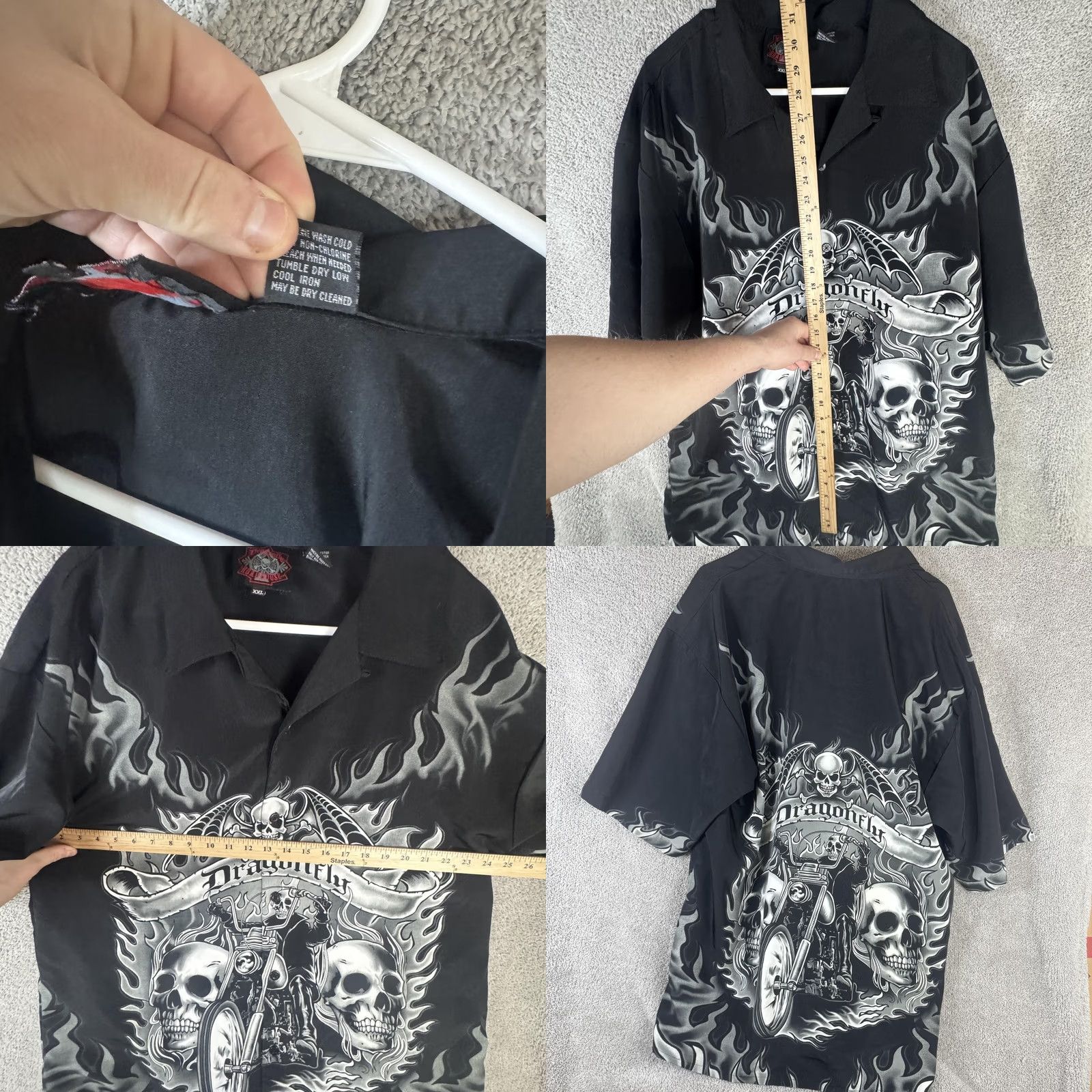 Vintage Dragonfly Roadhouse Shirt Mens 2XL Black Graphic Print Biker Skull Flames Short Sleeve Button-Up Camp Shirt Size US XXL / EU 58 / 5 - 8 Thumbnail