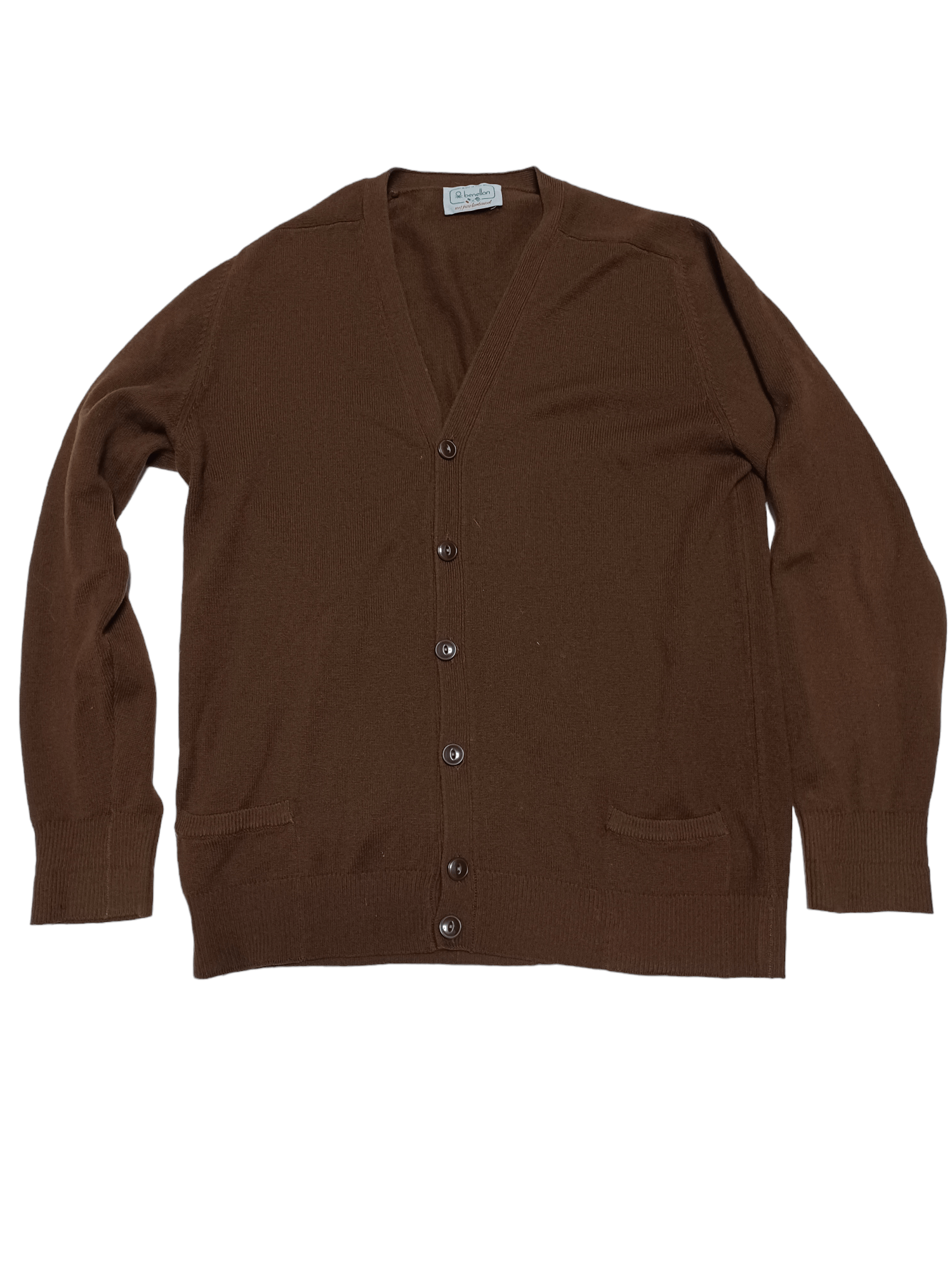 Pre-owned Benetton X Cardigan 100% Lambswool Vintage Made In Italy Benetton Cardigan In Chocolate Brown