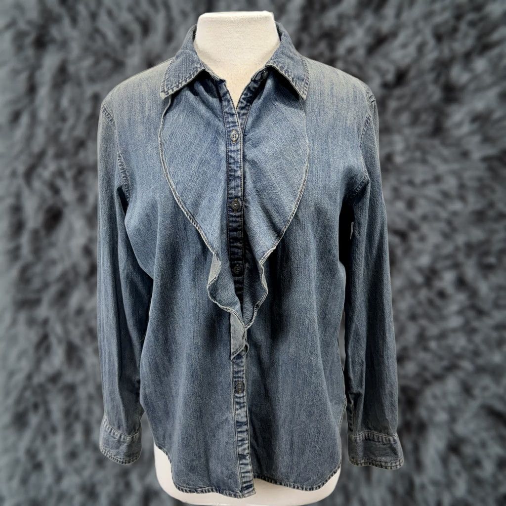CO VINTAGE Ralph Lauren Jeans Co Denim Ruffle Shirt Women’s L Blue Western Boho Cowgirl Size L / US 10 / IT 46 - 1 Thumbnail
