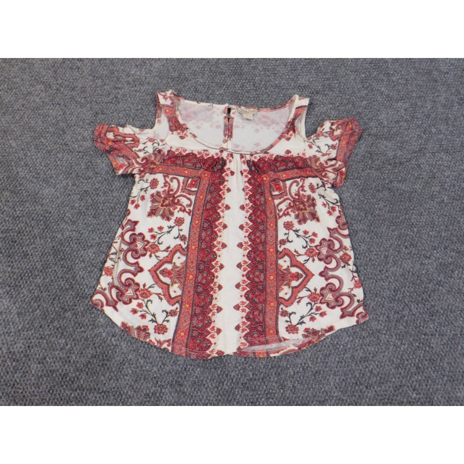 Lucky Brand Lucky Brand Blouse Womens XS Red Floral Geometric Knit Cotton Viscose Nylon Strap Round Neck Long Sleeve Casual Modern Classic Size XS / US 0-2 / IT 36-38 - 3 Thumbnail