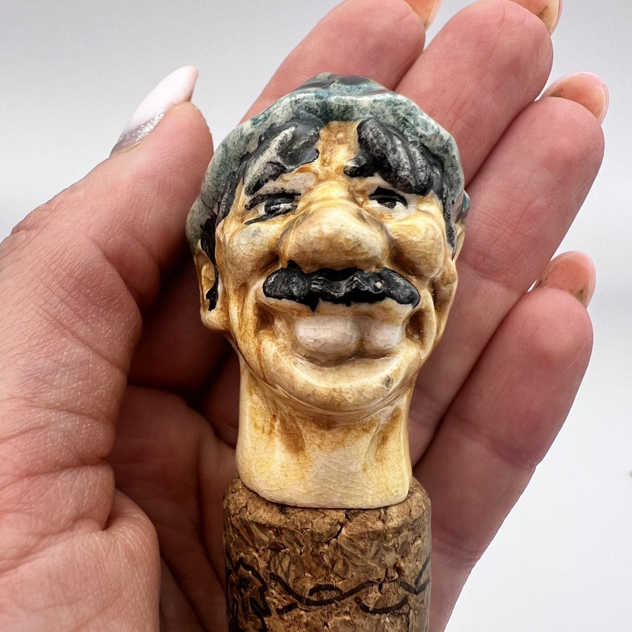Vintage Vintage handmade Pottery Clay Bottle Cap Cork Lid Head Man Size ONE SIZE - 3 Thumbnail