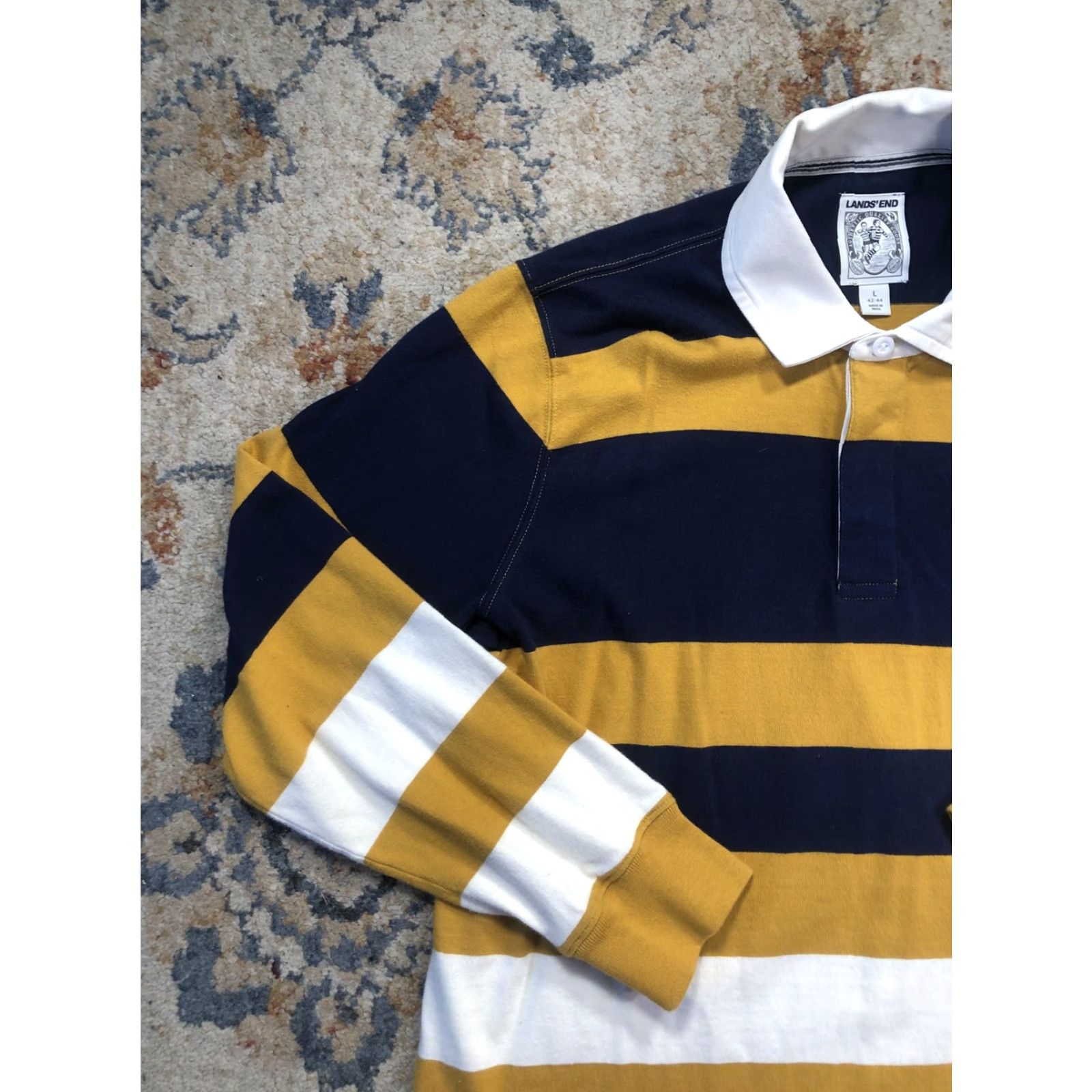 Lands' End Lands' End Polo Shirt Mens L Multicolor Striped Rugby Long Sleeve Yellow Navy White Pattern Button Collar Casual Size US L / EU 52-54 / 3 - 3 Thumbnail
