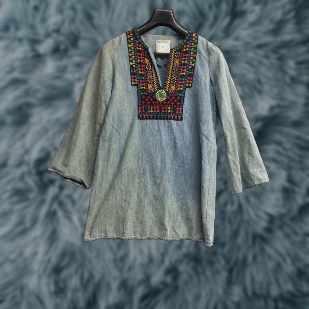 Zara Zara Tunic Blouse Women Size S Floral Floral Blue 60s Premium Denim Collection Denim Tunic Top Womens Long Sleeve Blouse Group 60s Size S / US 4 / IT 40 - 1 Thumbnail