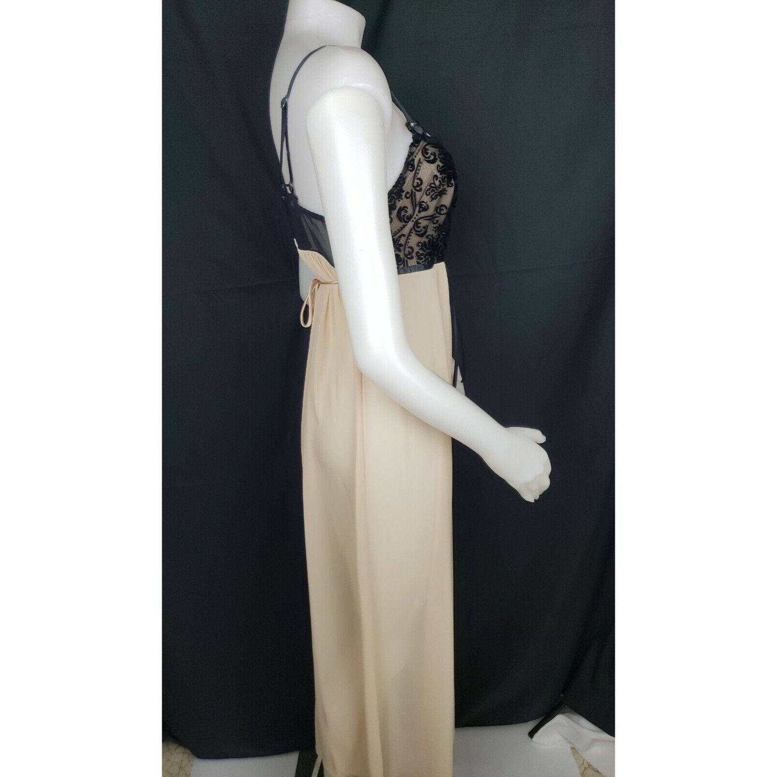 Vintage Champagne Satin Peignoir Set S/M Long Sheer Nightgown Gown V Size ONE SIZE - 7 Thumbnail