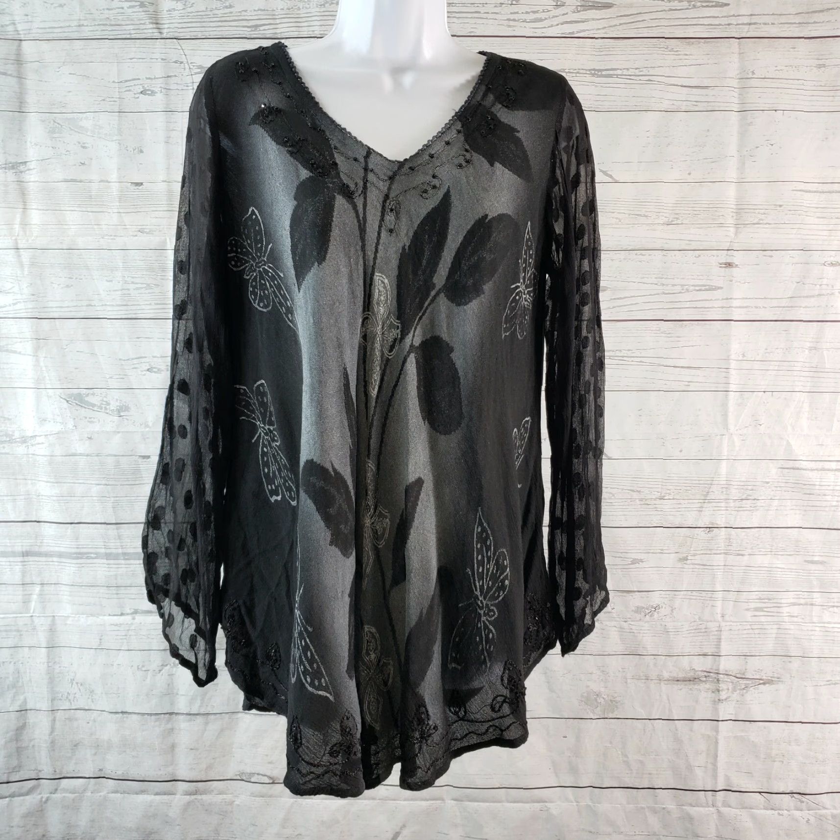 Vintage Greater Good Womens Top Sz S/M Black Gray Butterflies Semi Sheer Long Sleeve Blouse Mens Womens Size S / US 4 / IT 40 - 2 Thumbnail