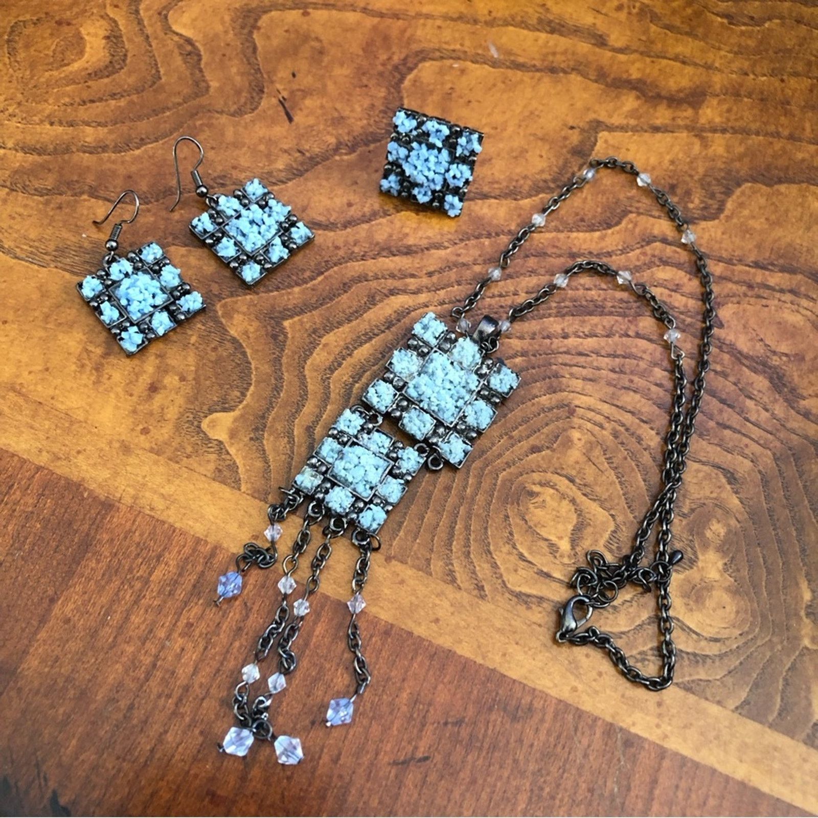 Jewelry Blue coral gunmetal necklace earring and ring jewelry set Size ONE SIZE - 2 Thumbnail
