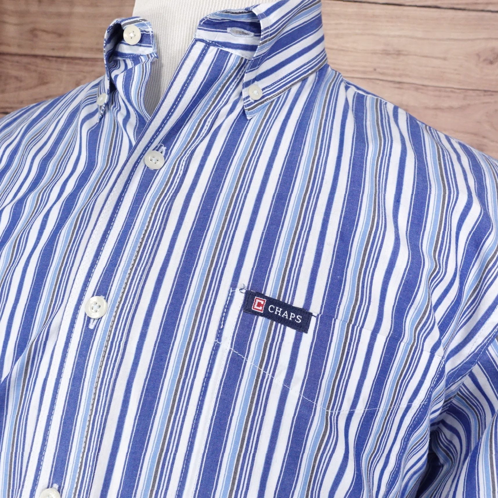 Chaps Vintage Chaps Men's Long Sleeve Button-Up Shirt Classic Fit Striped Cotton Casual Business Large Blue Size US L / EU 52-54 / 3 - 2 Thumbnail