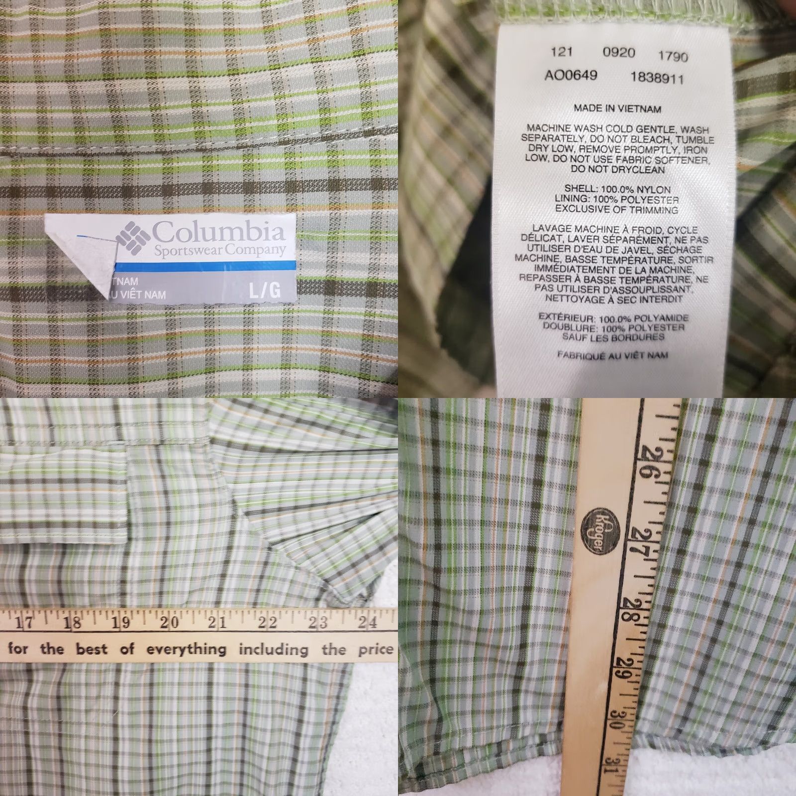Vintage Columbia Button-Down Shirt Men L Green Striped Pockets Knit Nylon Polyester Long Sleeve Casual Workwear Travel Size US L / EU 52-54 / 3 - 9 Thumbnail