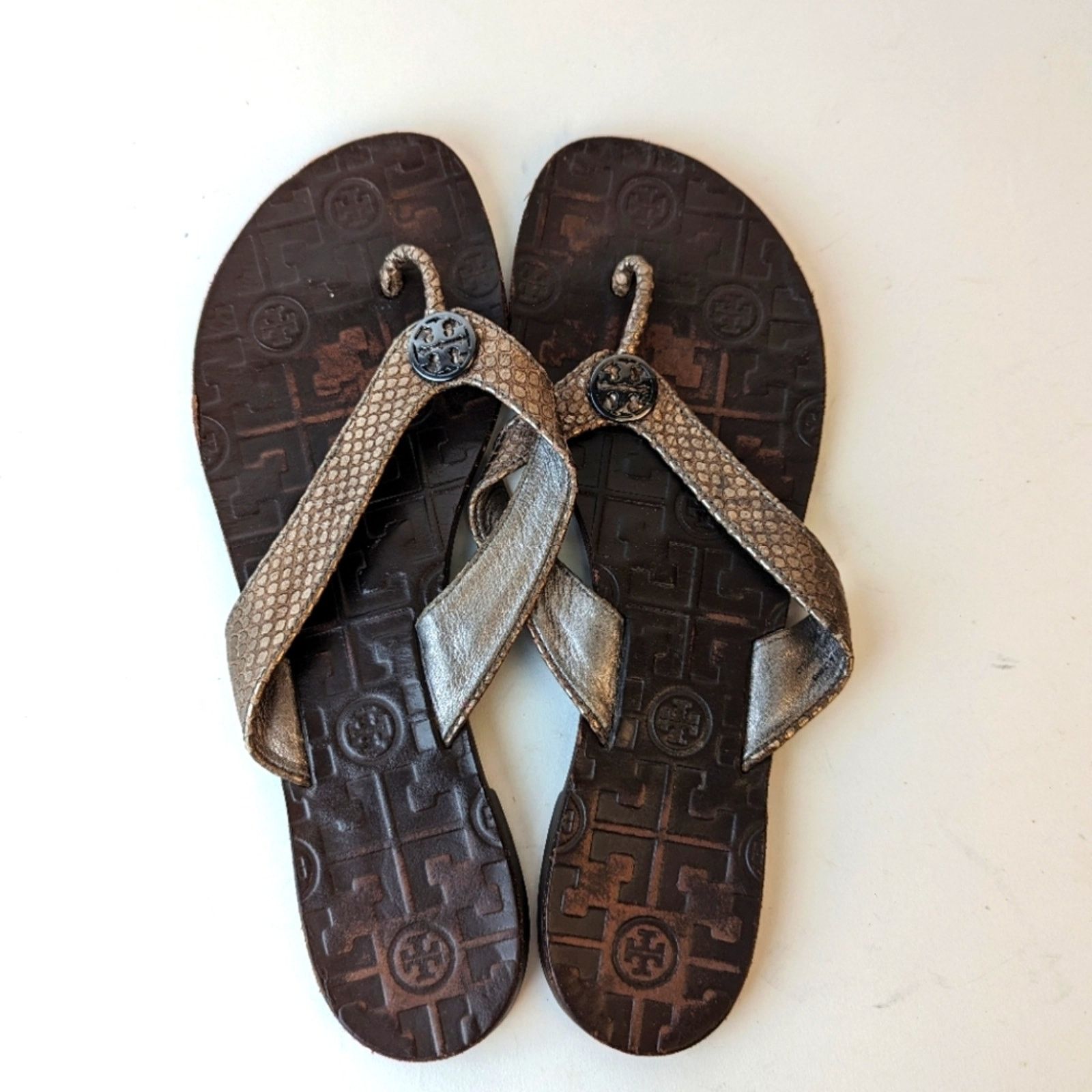 Tory Burch Tory Burch Thora Metallic Snakeskin Leather Flip Flops / 9 Size US 9 / IT 39 - 1 Thumbnail