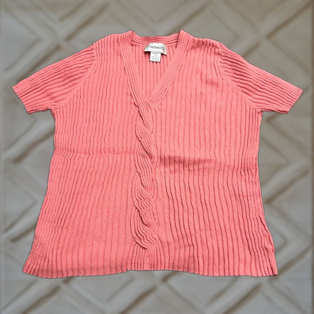 Pinko Chadwicks Womens Sweater XL Salmon Pink Short Sleeve V-Neck Knit Cotton Casual Size XL / US 12-14 / IT 48-50 - 1 Thumbnail