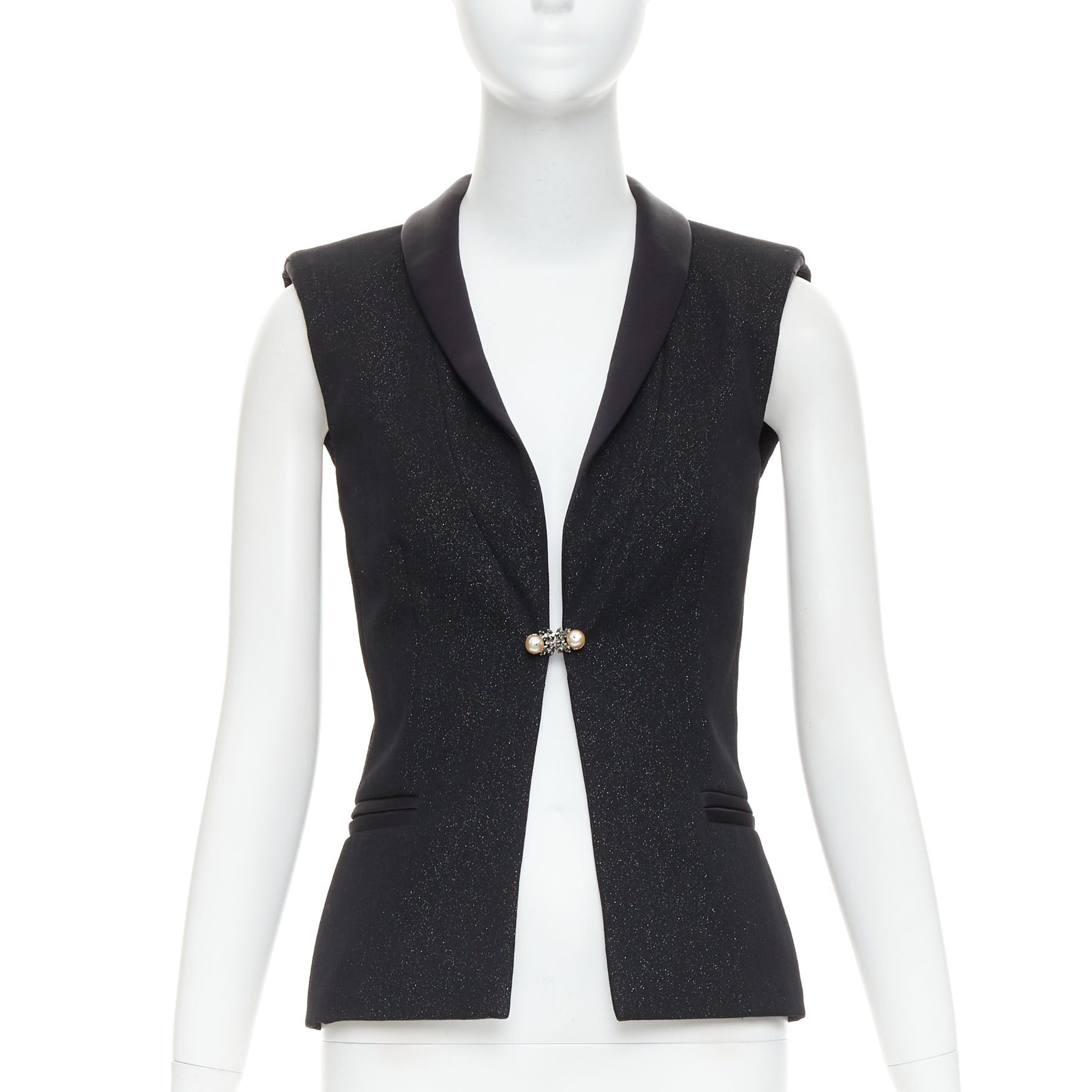 Chanel CHANEL black wool blend lurex pearl crystal button satin shawl collar vest jacket FR36 S Size S / US 4 / IT 40 - 1 Thumbnail