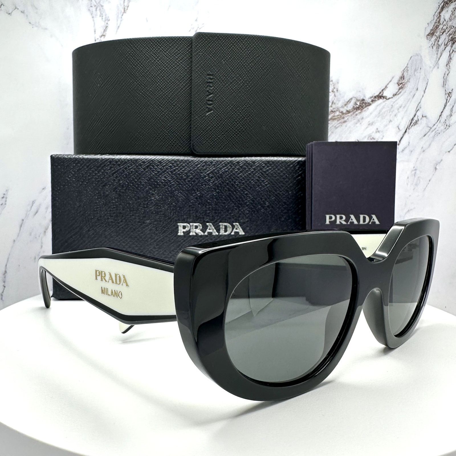 Prada New PRADA Sunglasses Black White Gold Symbole Oval Cat Eye Size ONE SIZE - 1 Thumbnail