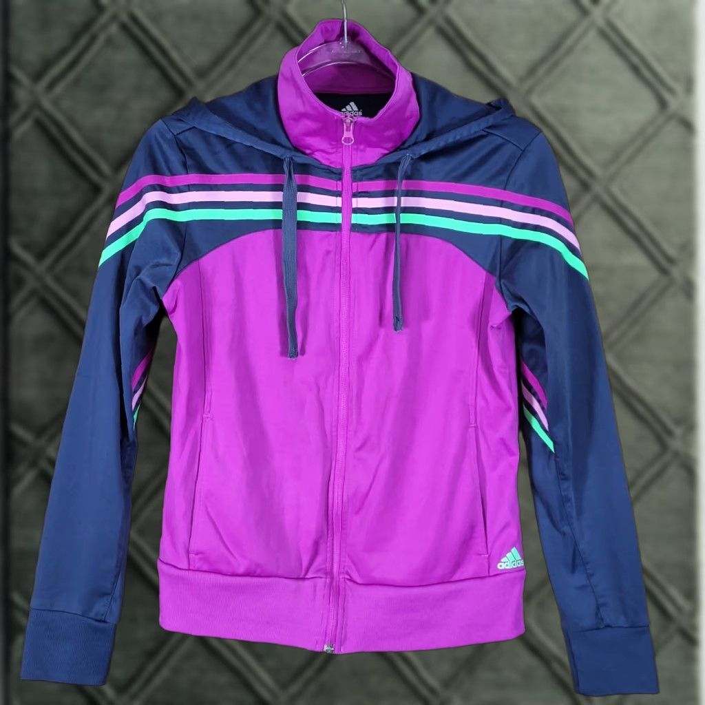 Adidas Adidas Track Jacket Womens Small Climalite Hooded Full Zip Striped Purple Navy S Womens Size S / US 4 / IT 40 - 1 Thumbnail