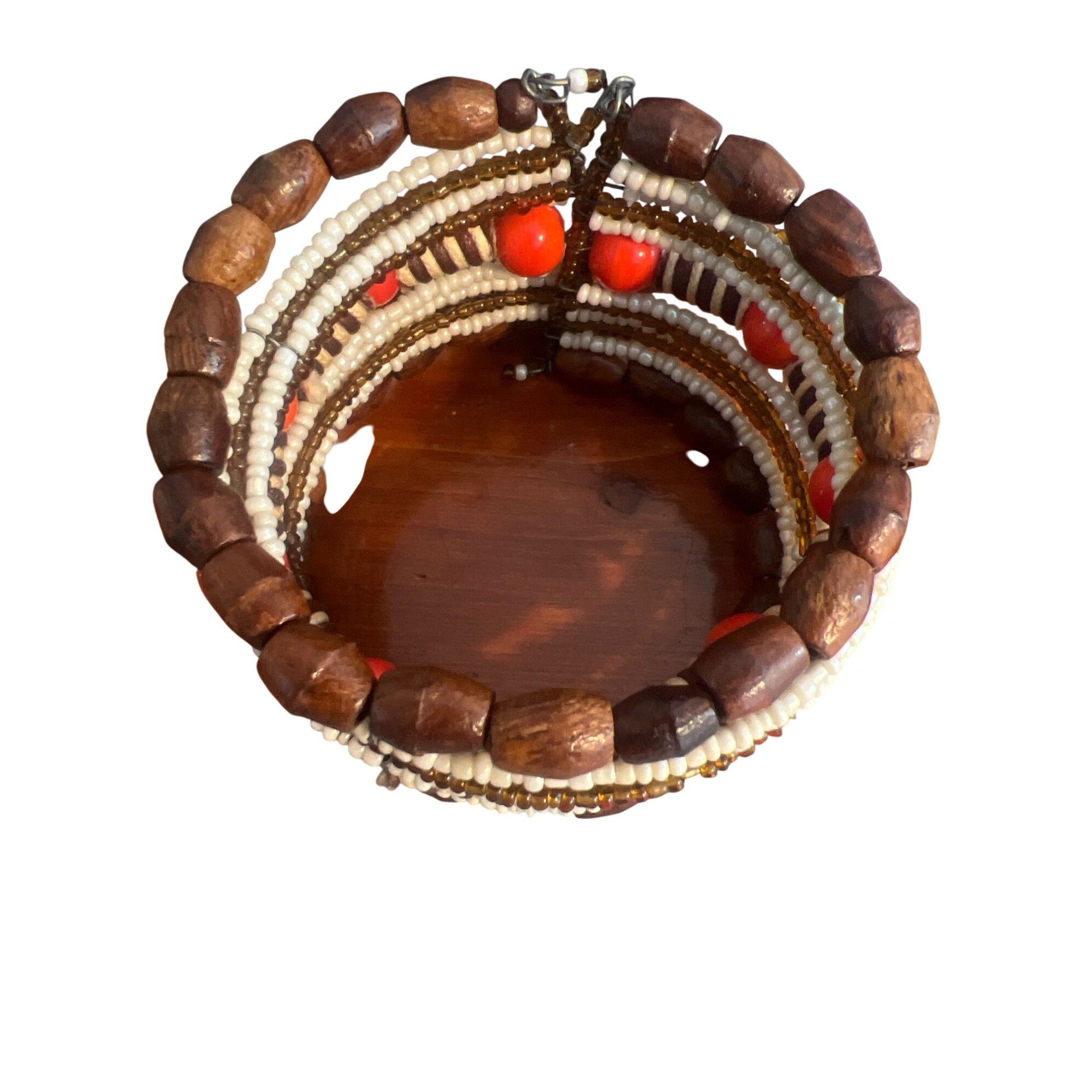 Other Vintage Memory Wire Cuff Bracelet Wood Ceramic Beads Brown O Size ONE SIZE - 4 Thumbnail