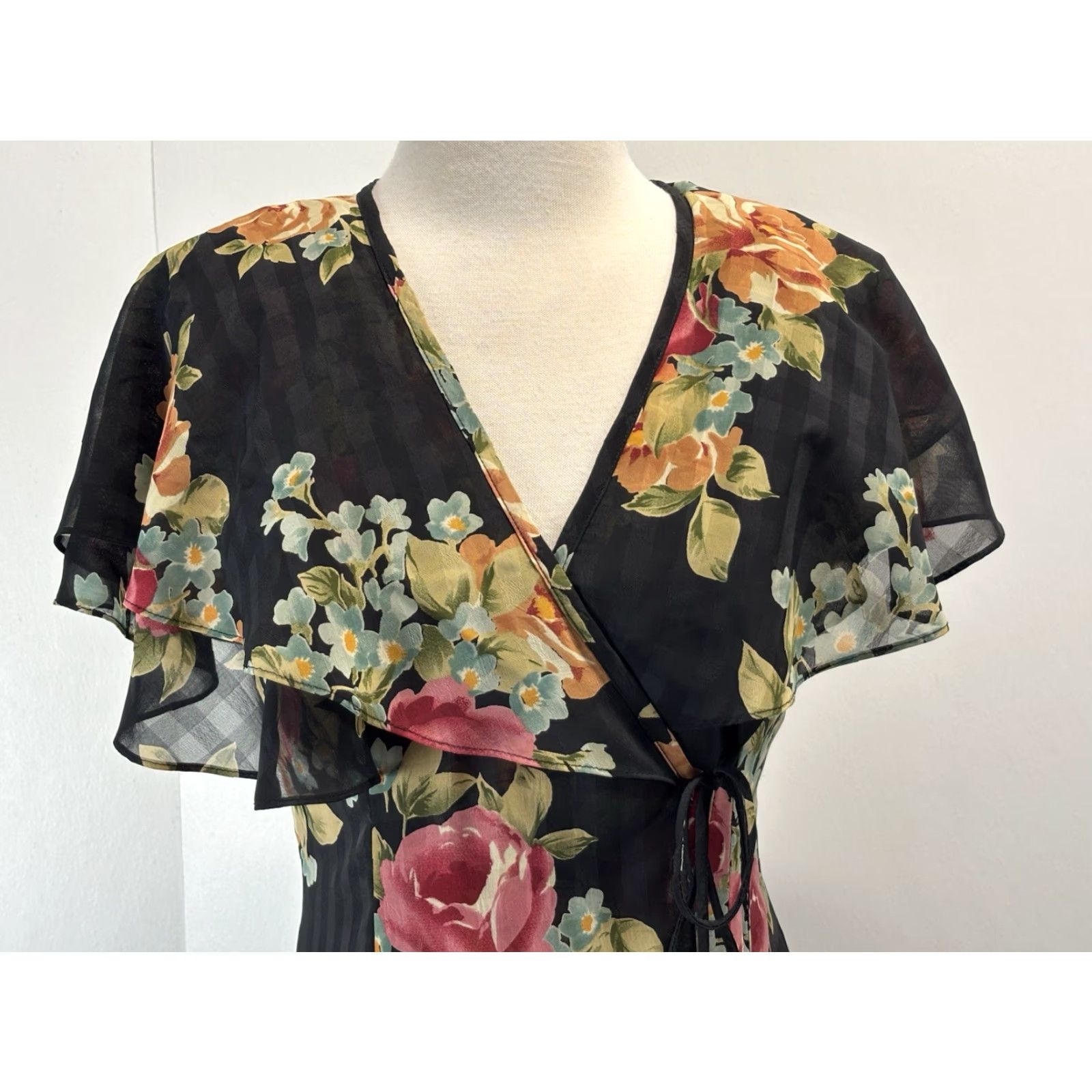 Vintage Vtg Wild Rose Dark Floral Wrap Midi Dress Sz 6 Romance Cottagecore Made USA Size M / US 6-8 / IT 42-44 - 5 Thumbnail