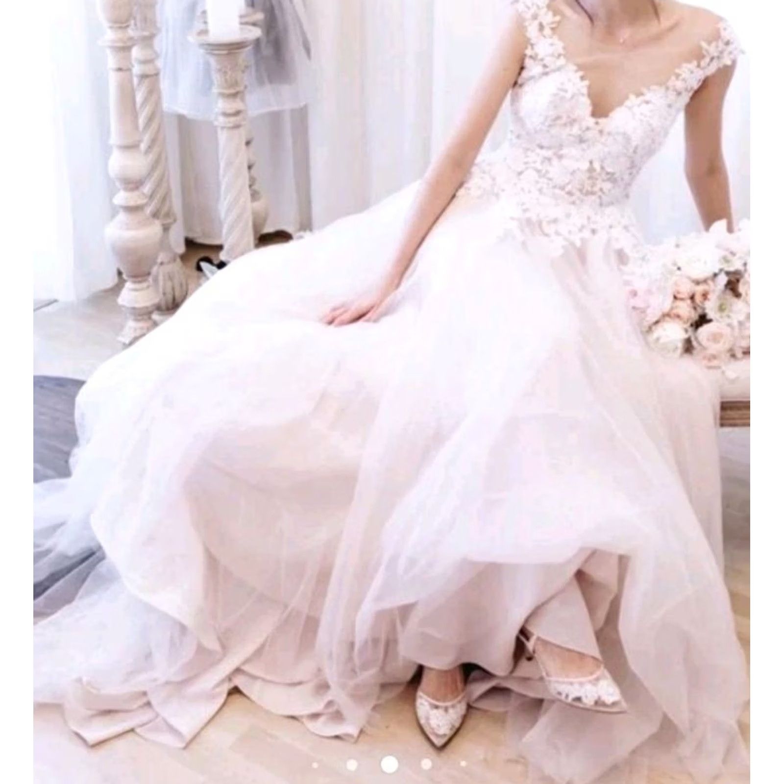 Vintage Eddy K. A-Line Lace Beaded Wedding Dress Gown Champagne Small 2 Size ONE SIZE - 6 Thumbnail