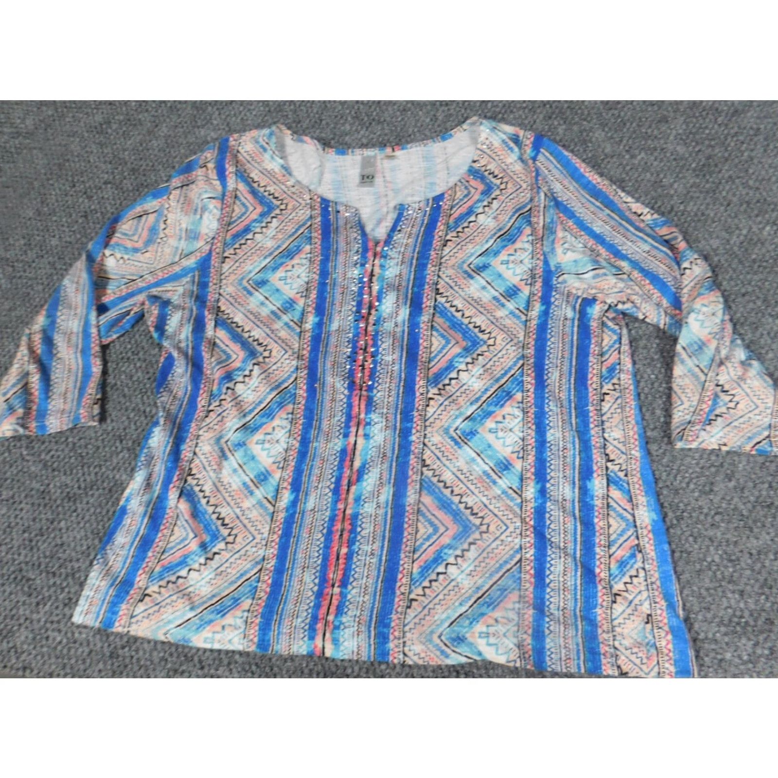 Vintage Thomas & Olivia Womens Blouse L Blue Stretch Pullover Casual 3/4 Sleeve Cap Sleeve Button Polyester Classic, Regular Fit Size L / US 10 / IT 46 - 2 Thumbnail
