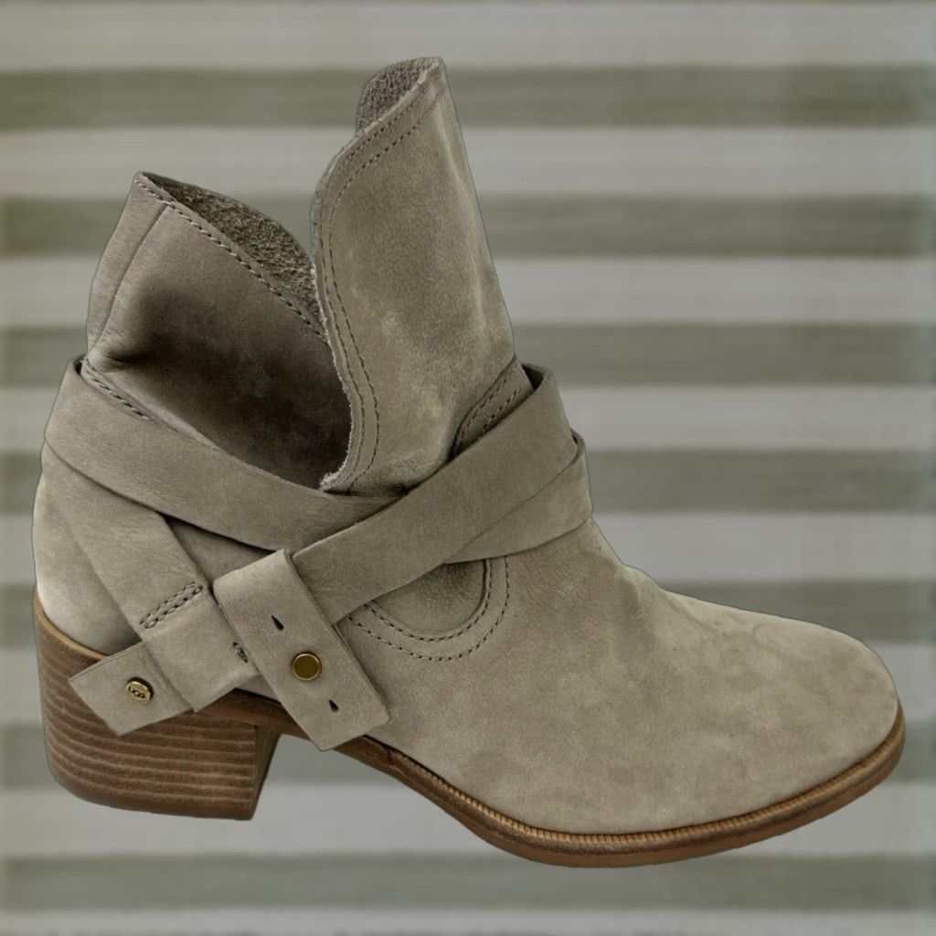 Vintage UGG Elora Ankle Boot Gray Leather Block Heel Shoes Booties Womens 8 in Grey (Size 6.5)