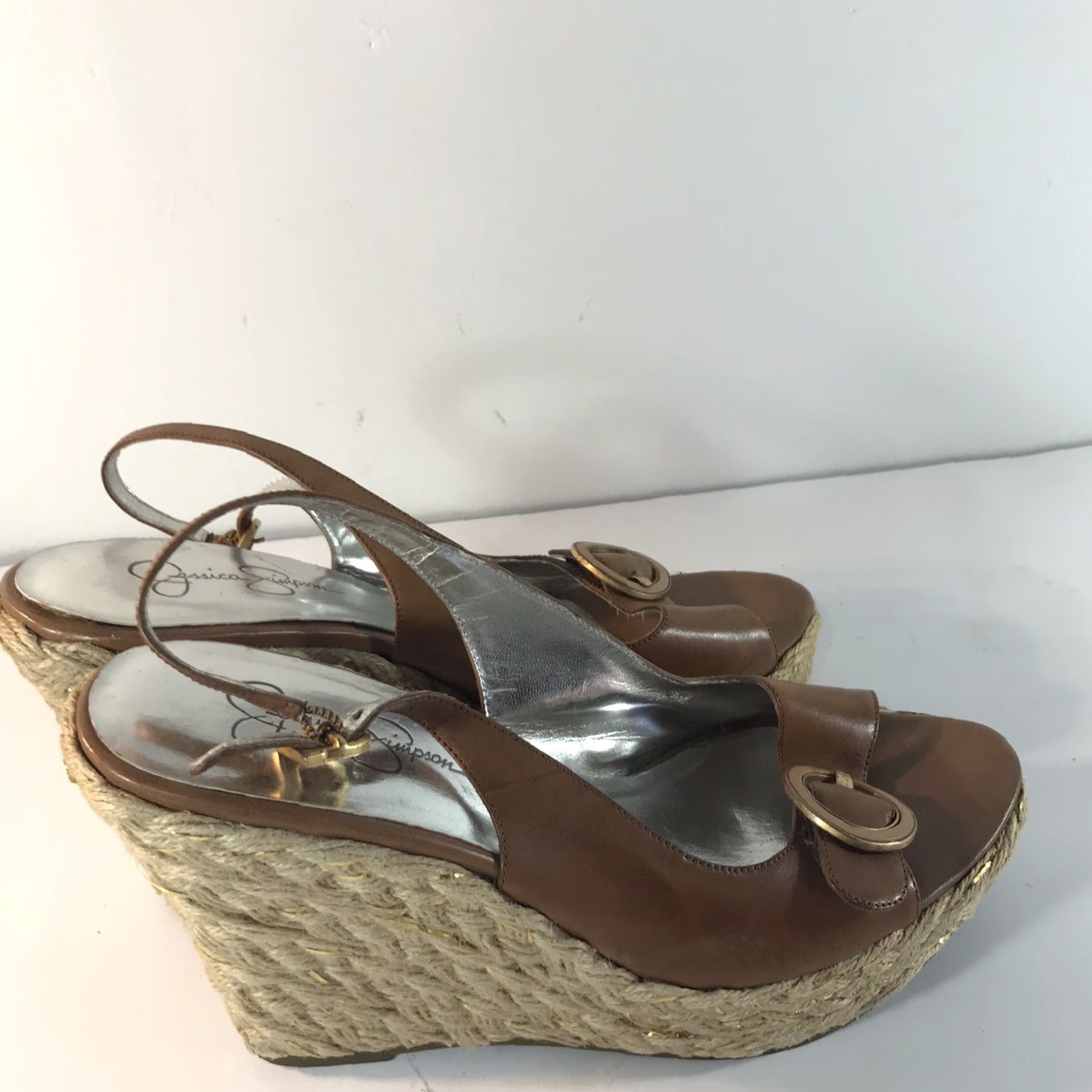 Jessica Simpson Jessica Simpson Gauma Brown Leather Slingback Wedge Slides Womens Size 10B 5in Ultra High Size US 10 / IT 40 - 4 Thumbnail