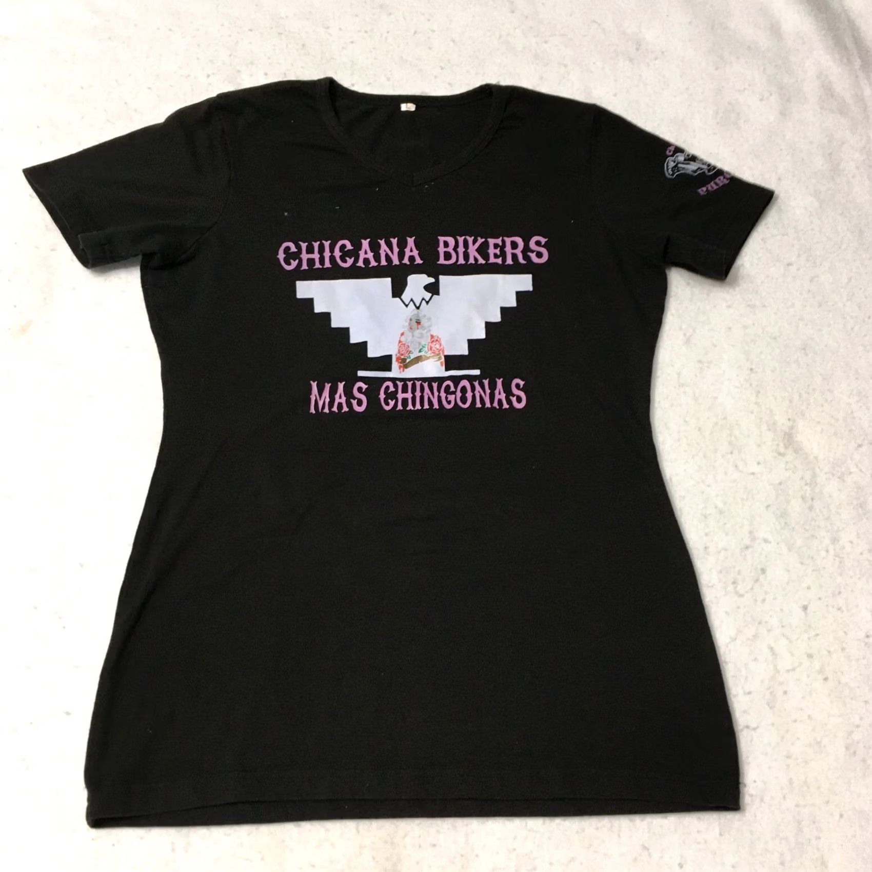 Vintage Chicana Latina Black huelga chingon bikers Tee Top large Shirt Womens XS-XL Black Graphic Print Vintage? Yes? Size L / US 10 / IT 46 - 3 Thumbnail