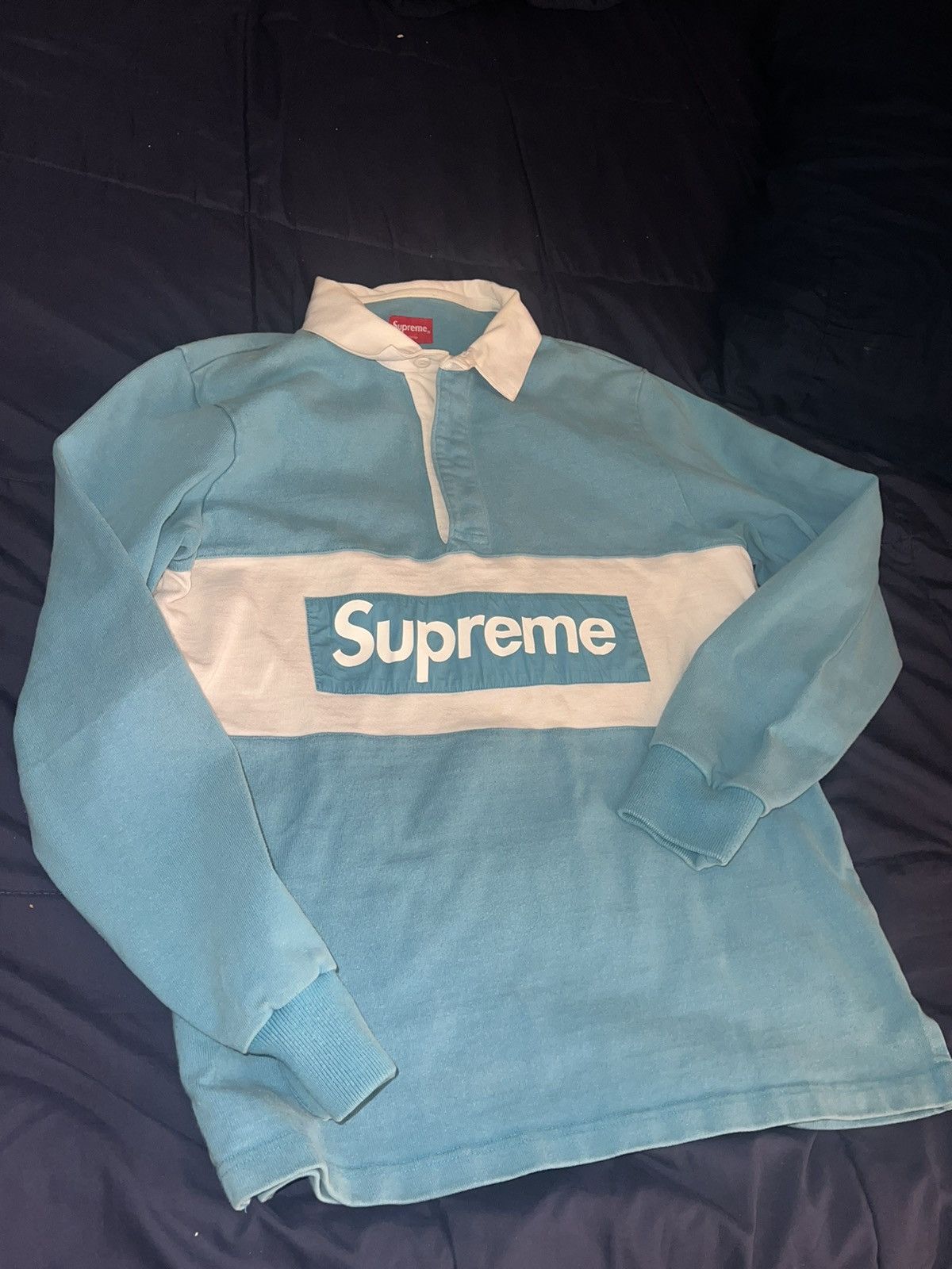 image of Supreme Team Rugby Box Logo Polo Shirt Fw15 in Blue, Men's (Size Medium)