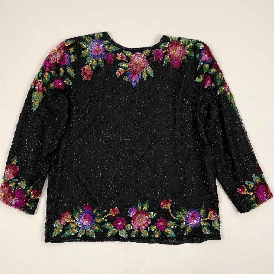 Vintage VINTAGE Laurence Kazar Jacket Top Womens M Black Silk Beaded Sequin Floral Party 90s Jacket Womens M Black Silk Beaded Sequin Floral 90s Size M / US 6-8 / IT 42-44 - 3 Thumbnail