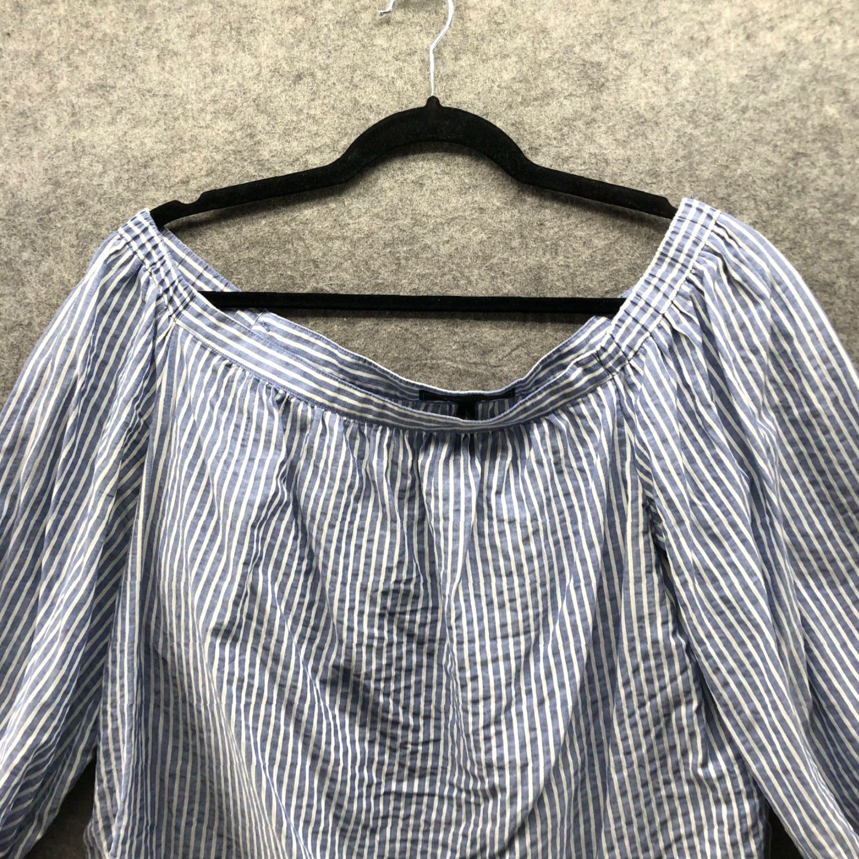 Bcbgmaxazria BCBGMAXAZRIA Blouse Off Shoulder Womens L Blue White Striped 3/4 Sleeve Split Back Bohemian Lightweight Shirt Regular Womens Size L / US 10 / IT 46 - 3 Thumbnail