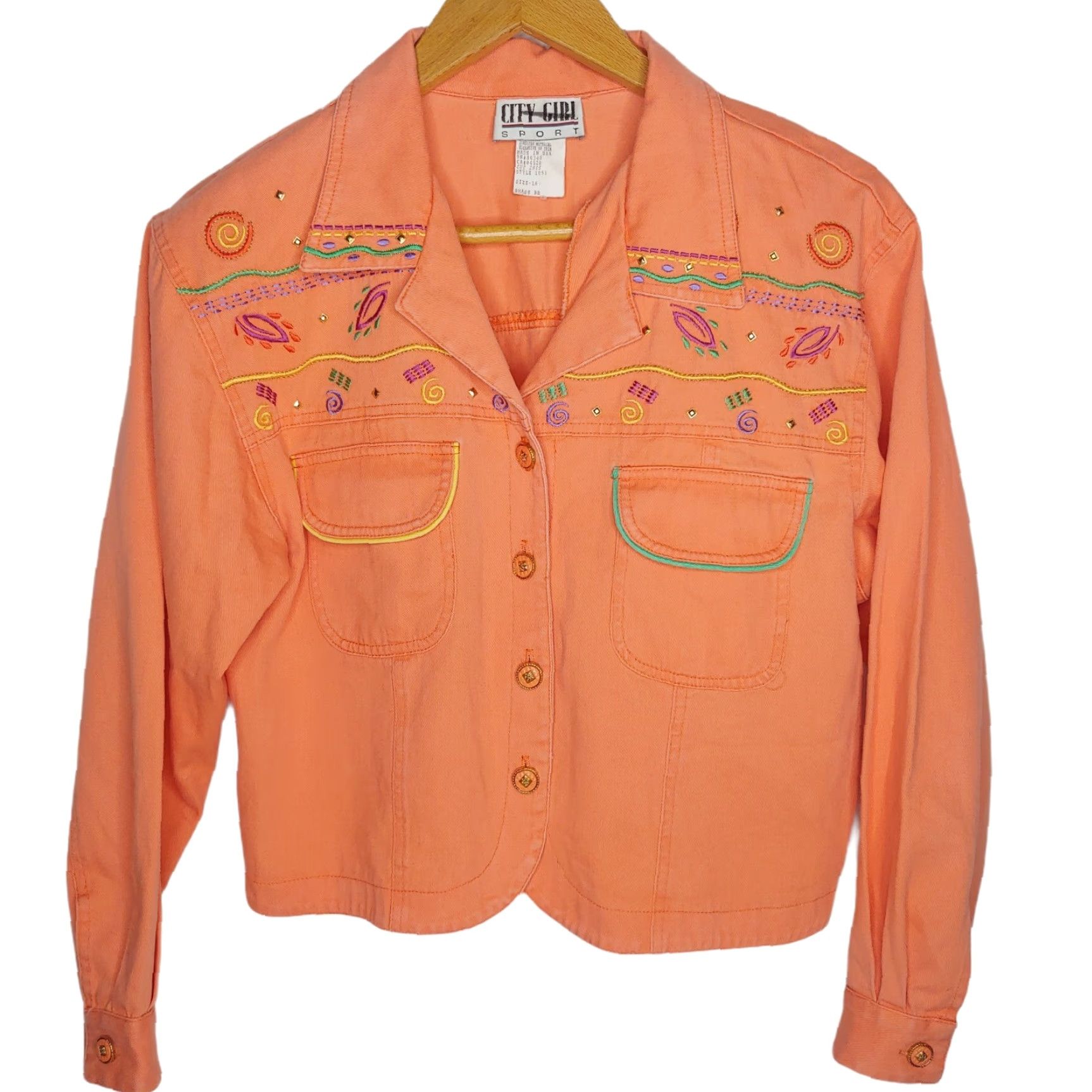 Vintage VINTAGE City Girl Sport Jacket Women 16 Cropped Canvas Embroidered Salmon 1980s Retro Size XXL / US 16-18 / IT 52-54 - 2 Thumbnail