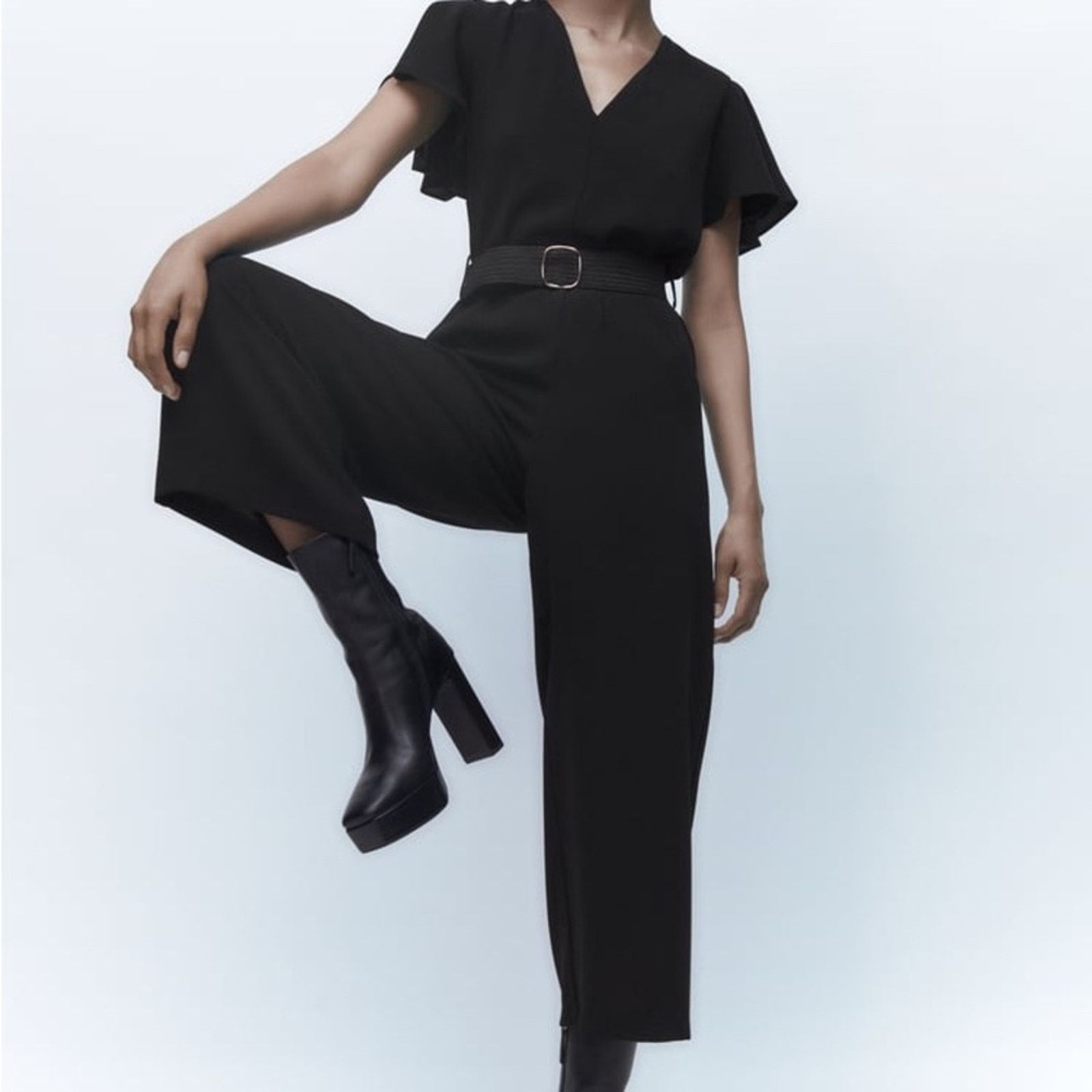 Zara ZARA BELTED RUFFLED JUMPSUIT BLACK Size 26" / US 2 / IT 38 - 3 Thumbnail