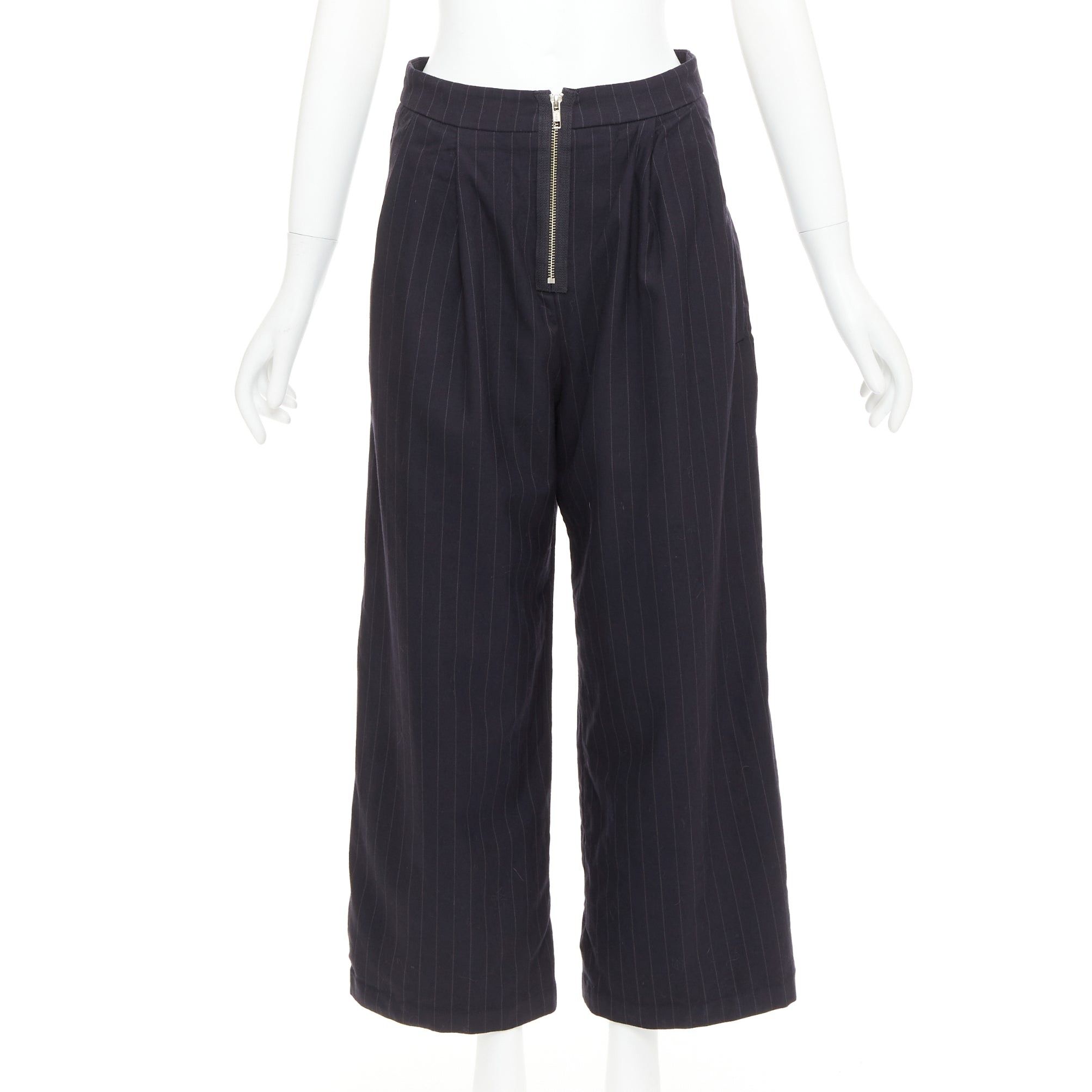 Reformation REFORMATION navy pinstripe surplus fabric silver zip fly wide pants US0 XS Size 27" / US 4 / IT 40 - 1 Thumbnail