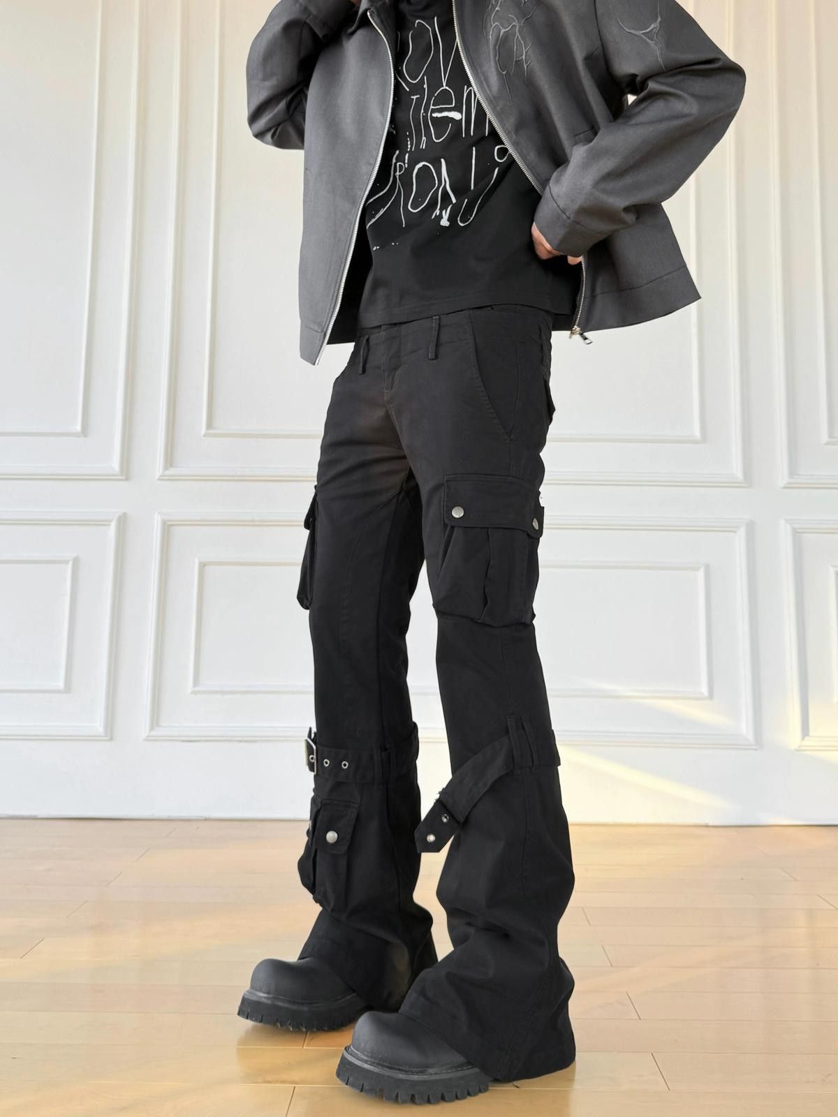 Other Black Cargo Flared Stacked Pants with Straps Size US 32 / EU 48 - 3 Thumbnail
