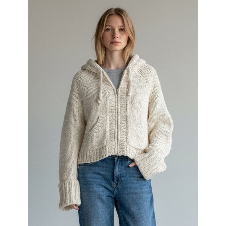 Other Vintage Y2K Chunky Hooded Zip Cardigan in Cream Size M / US 6-8 / IT 42-44 - 1 Thumbnail